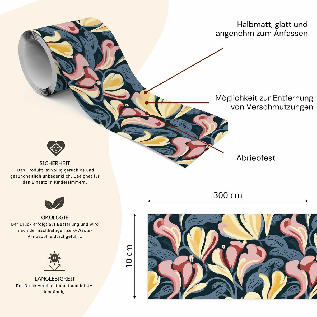 TAPETENBORDÜRE selbstklebend abstraktes BLUMEN moderne Muster für Wohnzimmer - Blau/Beige, Papier (10/300/300cm) - Muralo