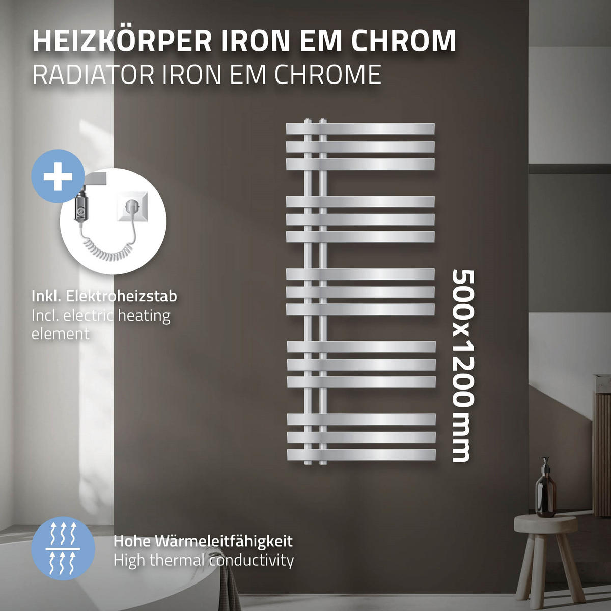 BADHEIZKÖRPER elektrisch Iron EM 500x1200 mm Chrome mit Heizstab 900W - Chromfarben, Metall (50/120/3cm) - LuxeBath