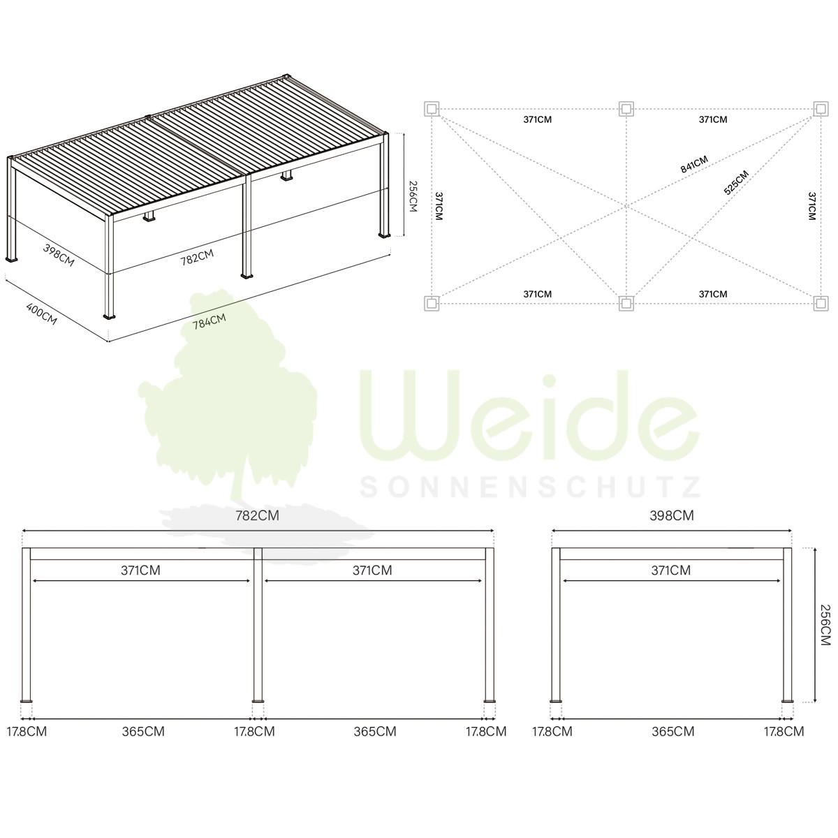 PERGOLA Deluxe Plus Pavillon Terrassenüberdachung Aluminium 4 x 8 m anthrazit - Anthrazit, Metall (400/255/800cm) - WEIDE