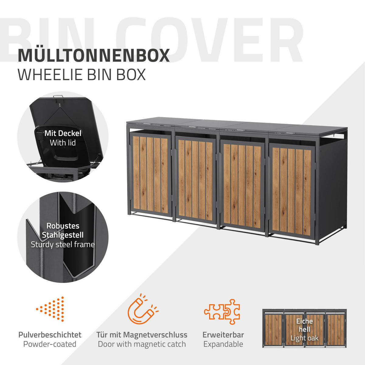MÜLLTONNENBOX 4er 240L 260x80x120 cm Anthrazit-Eiche hell aus Stahl - Hellbraun, Metall (80/120/260cm) - ML-DESIGN