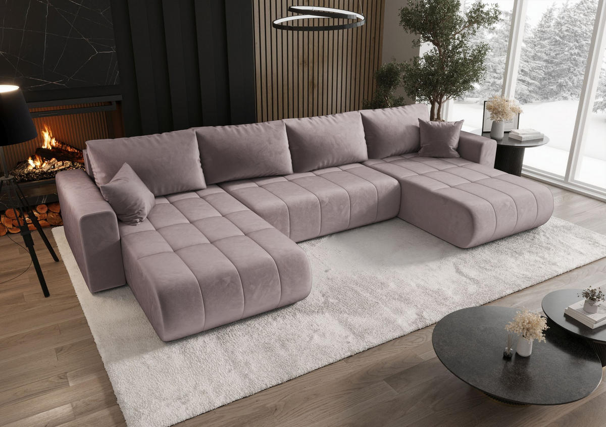WOHNLANDSCHAFT LARA U-Form dunkelrosa Velours Monolith 62 - Schlaffunktion, Bettkasten - Pink, Textil (385/85/175cm) - Cornero