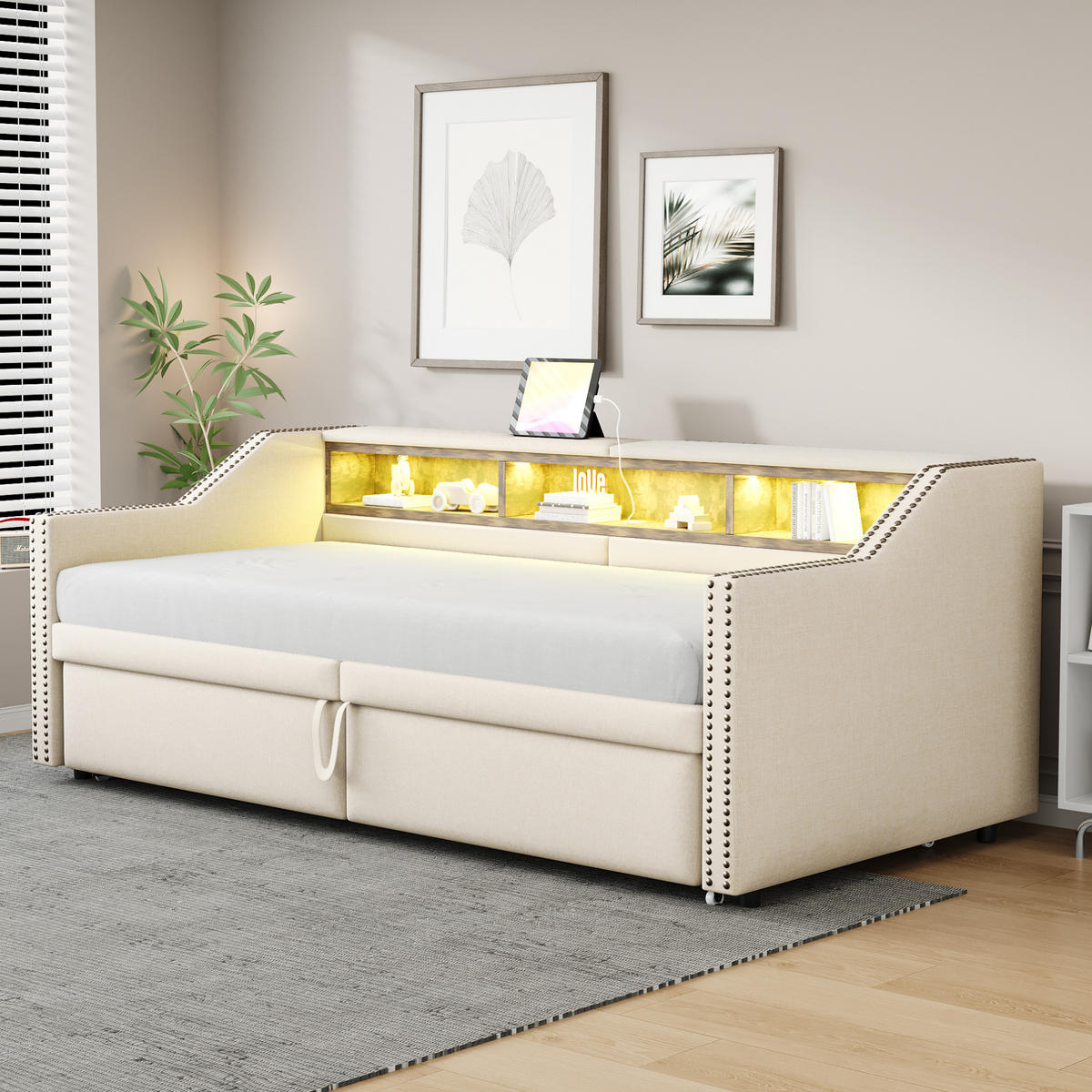 POLSTERBETT 90/180 x 200 cm, Ausziehbares, mit Lattenrost, Beige - Beige, Textil (90/200cm) - KOMHTOM