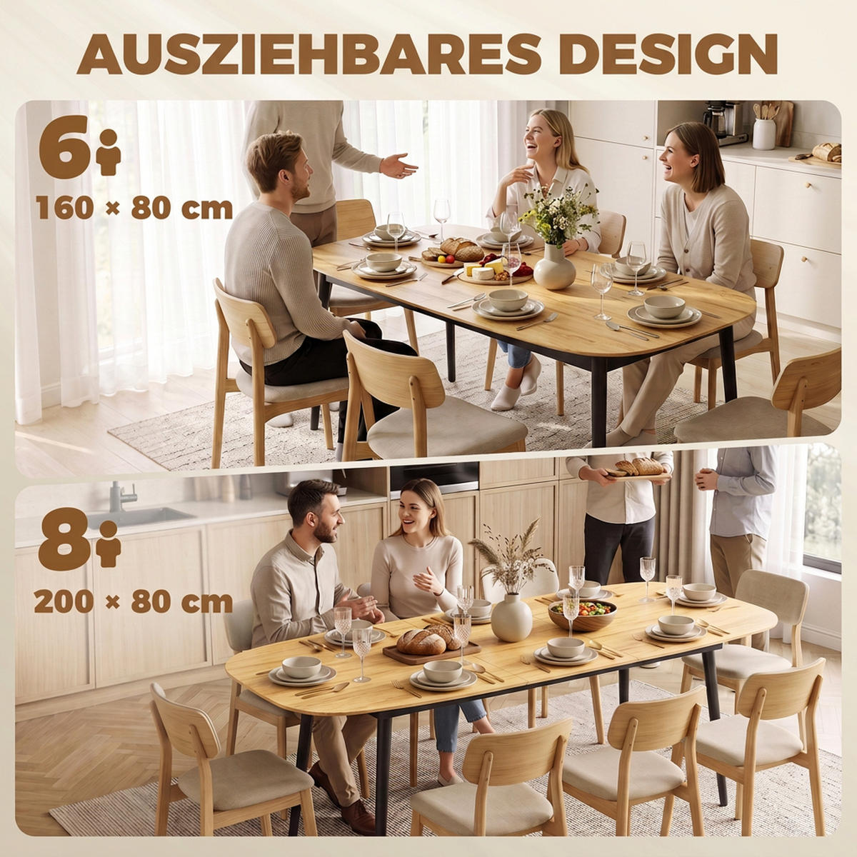 AUSZIEHBARER-ESSTISCH MDF Eiche - Eichefarben/Schwarz, Holzwerkstoff/Metall (200/80/76cm) - HOMCOM