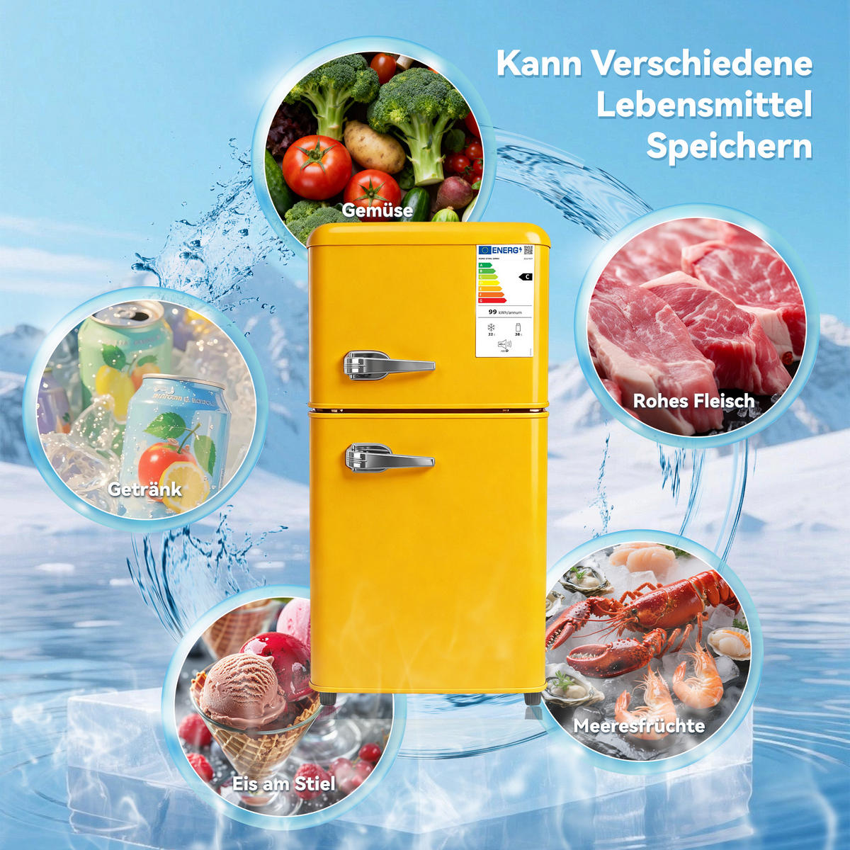 KÜHL-GEFRIER-KOMBINATION 60 l, 22 l Gefriervolumen, Energieeffizienzklasse C, Gelb - Gelb, Metall (45/89/41cm) - FOHERE