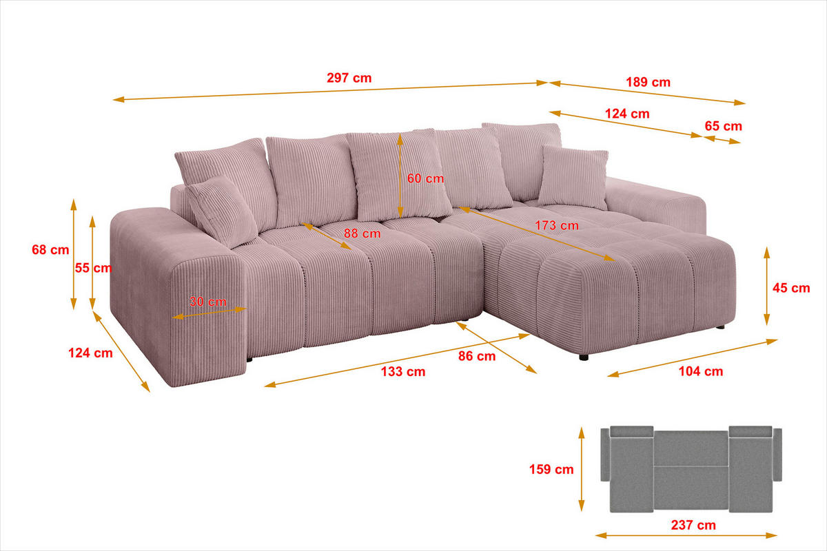 ECKSOFA Ottomane rechts ENIL-L 297x189x68 Rosa Cord - Rosa, Holzwerkstoff/Kunststoff (189/297cm) - ALTDECOR