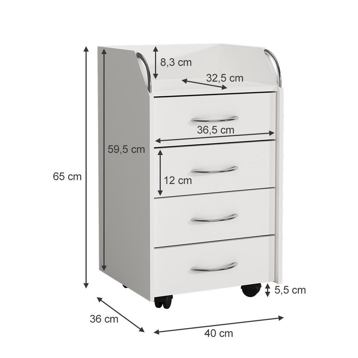 ROLLCONTAINER Gwendolyn Weiß 40 x 36 cm mit 4 Schubladen - Weiß, Holzwerkstoff (36/65/40cm) - Vicco