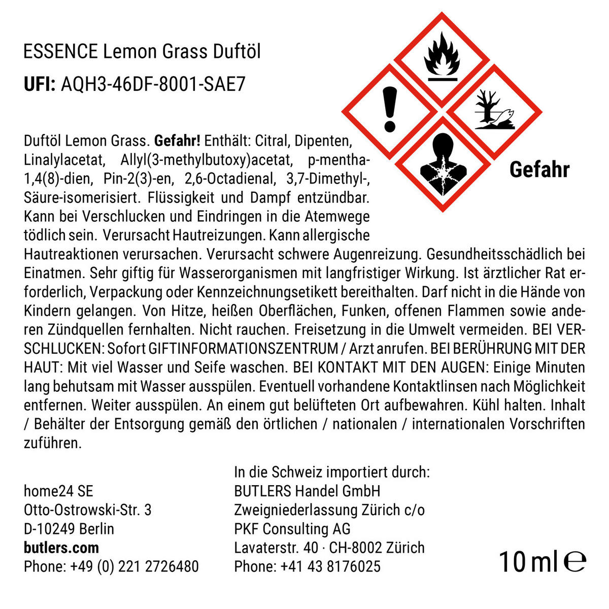 DUFTÖL Essence Lemongrass - Braun, Glas (2.4/7/2.4cm) - Butlers