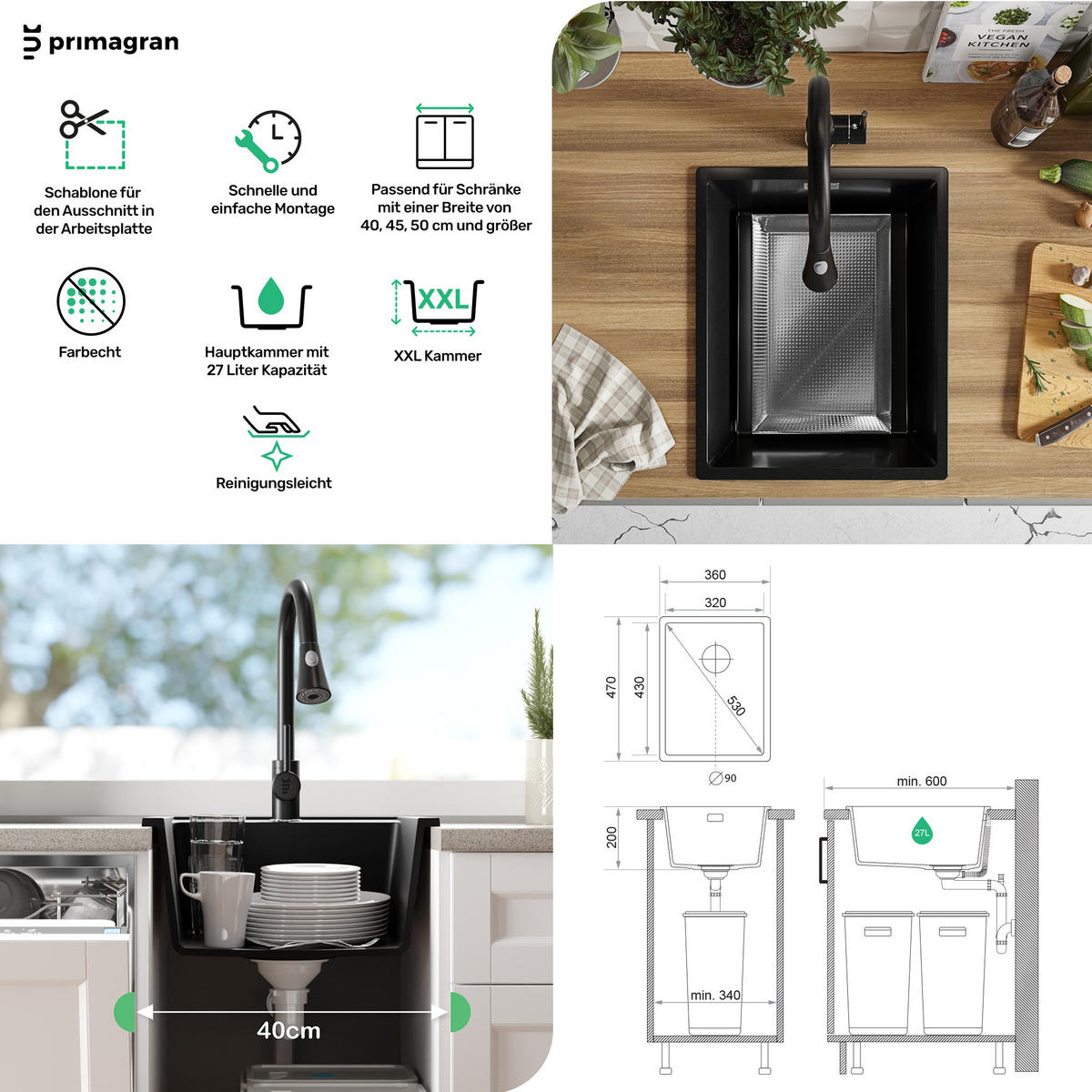 GRANITSPÜLE London Slim, 2-er set Grau 36/47 cm 1 Becken + Küchenarmatur 32/20 cm + Ablauf-Set ab 40er Unterschrank - Grau, Kunststoff (36/20/47cm) - Primagran