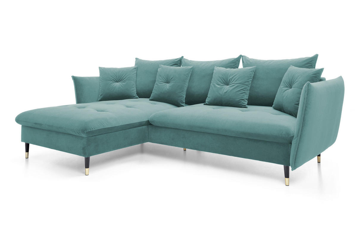 ECKSOFA GLAM mit Schlaffunktion, Ottomane & goldenen Füßen – Samtsofa im Glamour-Stil mit Zierkissen, 258x167x91cm, Linke, MÜNZE - Hellgrün, Holz/Textil (167/258cm) - DomoHome