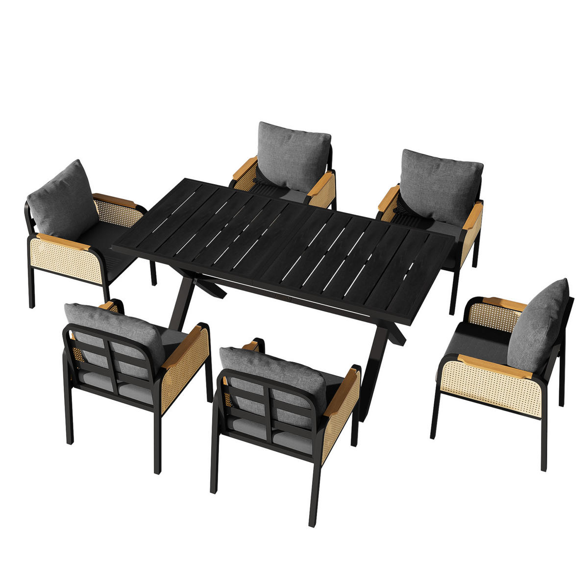 GARTENMÖBELSET 7-tlg. mit Tisch und 6 Stühlen Schwarz/Natur - Schwarz, Metall - Beauniv