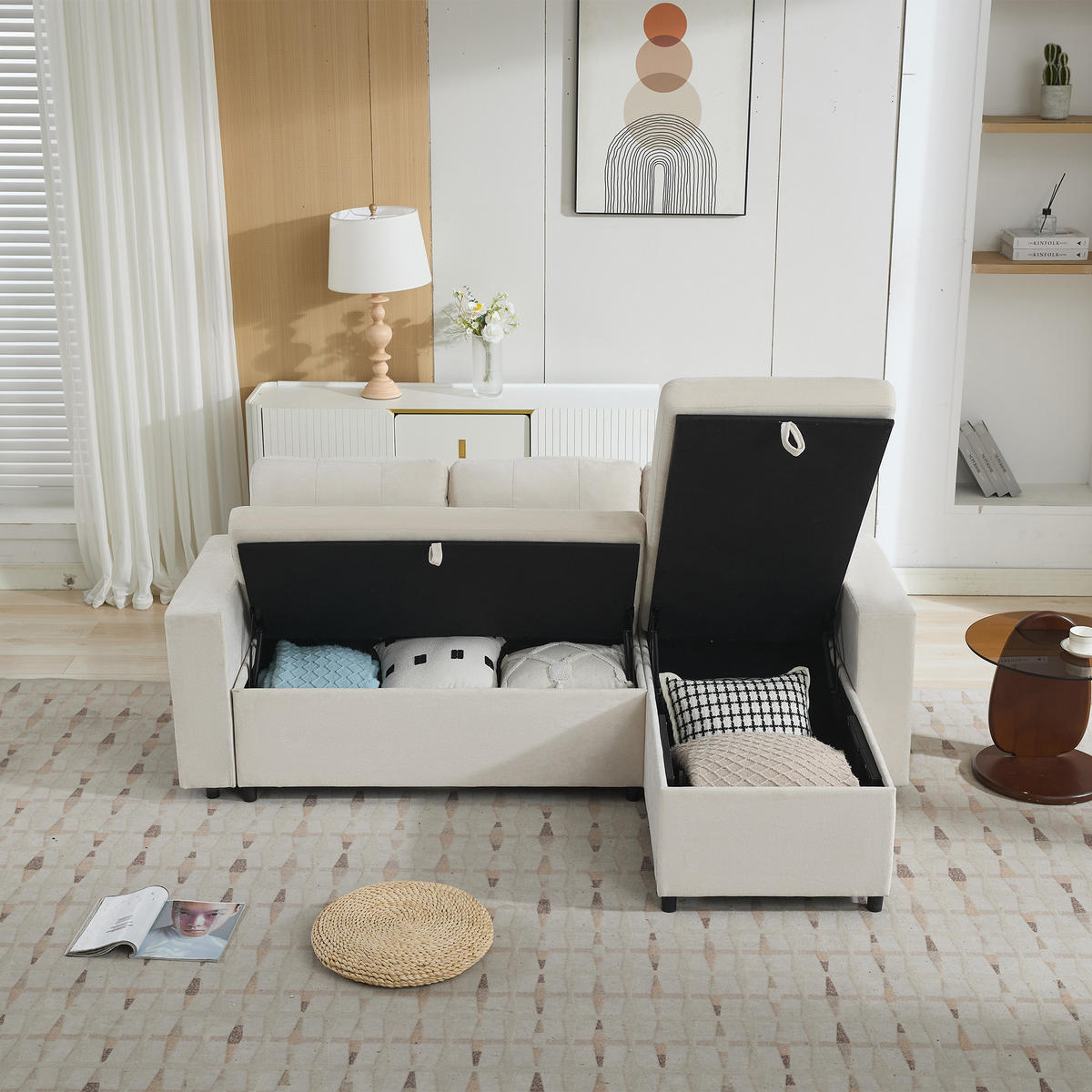 3-SITZER mit Stauraum, wechselbarer Chaiselongue und Chenille in Beige - Beige, Textil (202/85/136cm) - EVRYAE