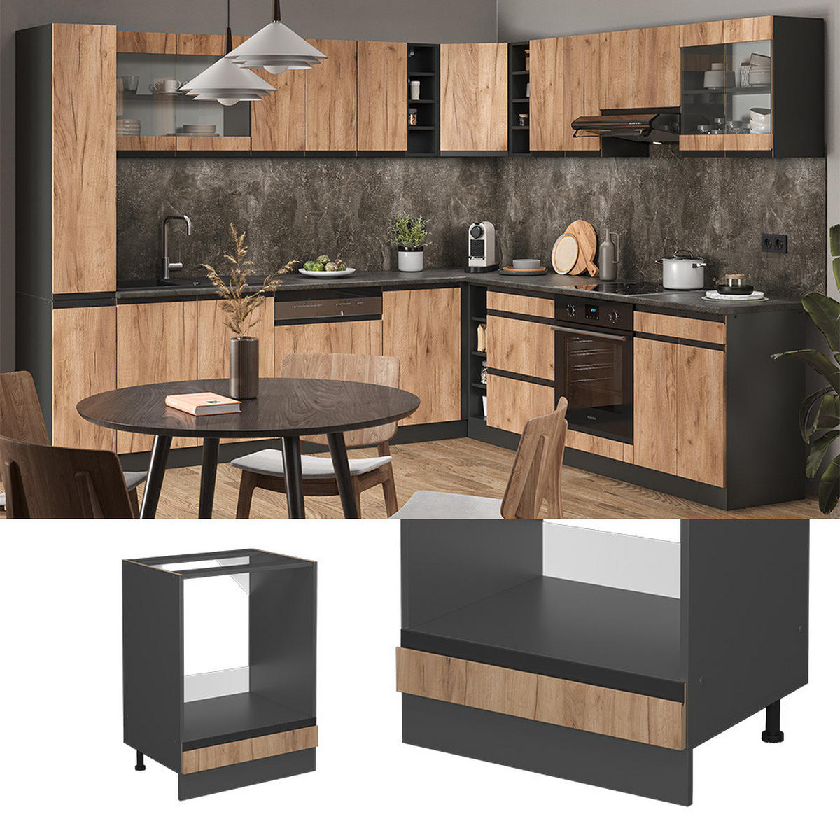 HERDUMBAUSCHRANK R-Line Goldkraft Eiche 60 cm J-Shape, ohne AP - Anthrazit/Eiche Wotan, Holzwerkstoff (60/81.6/46cm) - Vicco