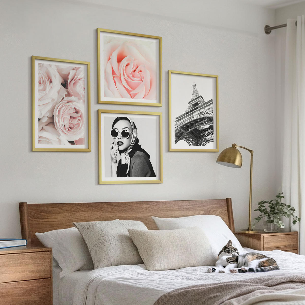 WANDBILDER 4er Set - 50x50 cm & 40x60 cm Goldrahmen - Eiffels Porträt einer Frau mit Rosen - Goldfarben, Kunststoff (50/50cm) - ArtPrintCave