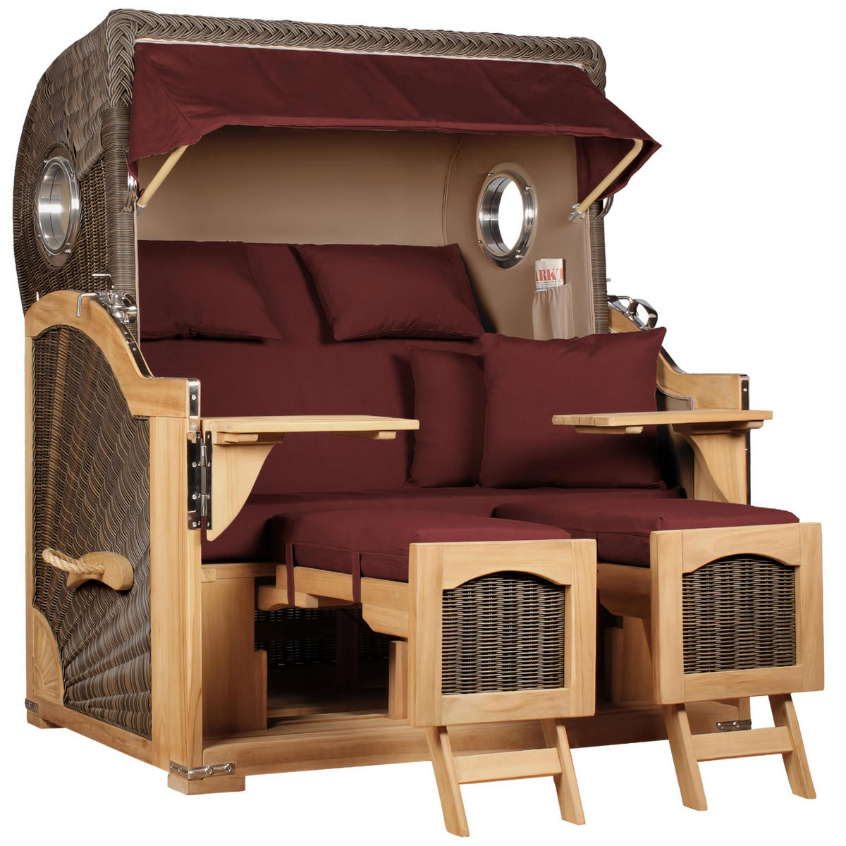 STRANDKORB Düne Grande Bullauge Teak PE Grey Dessin 550 - Rot/Braun, Metall (142/170/95cm) - Mr. Deko