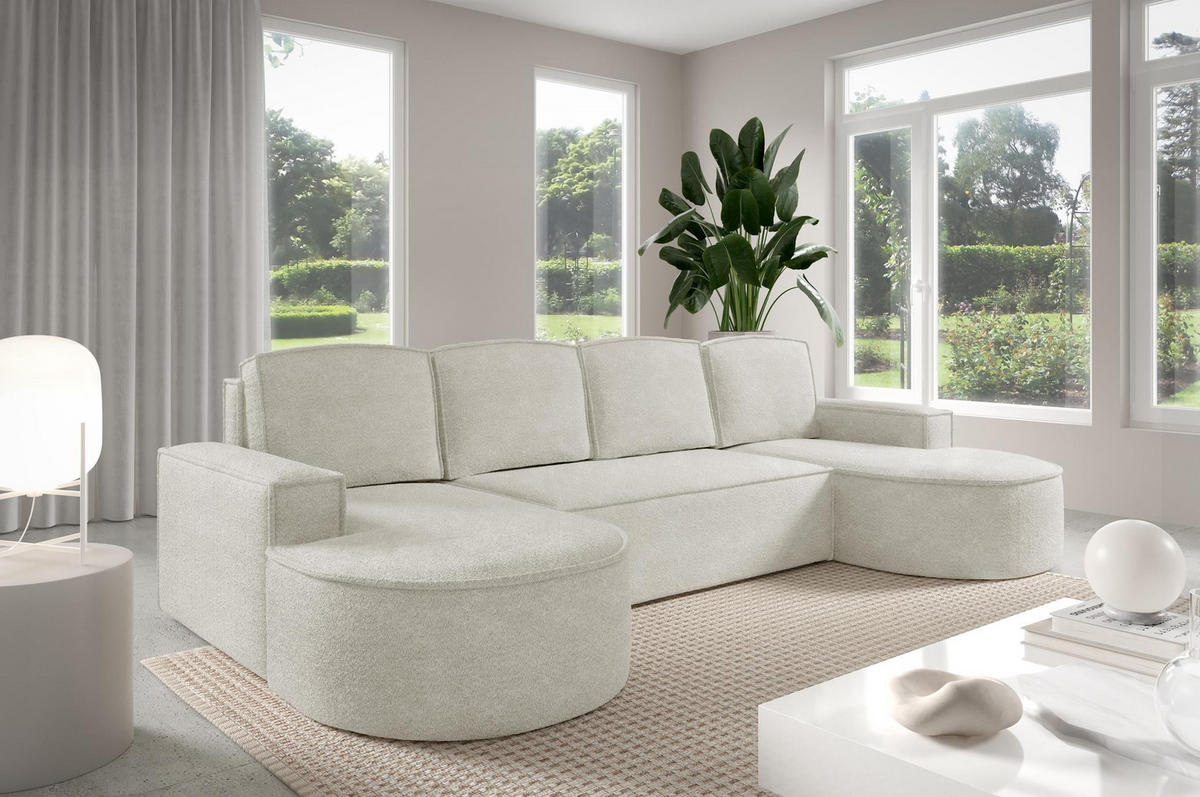 WOHNLANDSCHAFT Flow Weiß, mit Schlaffunktion in Abriamo Stoff - Weiß, Holzwerkstoff/Textil (316/88/157cm) - Bettso