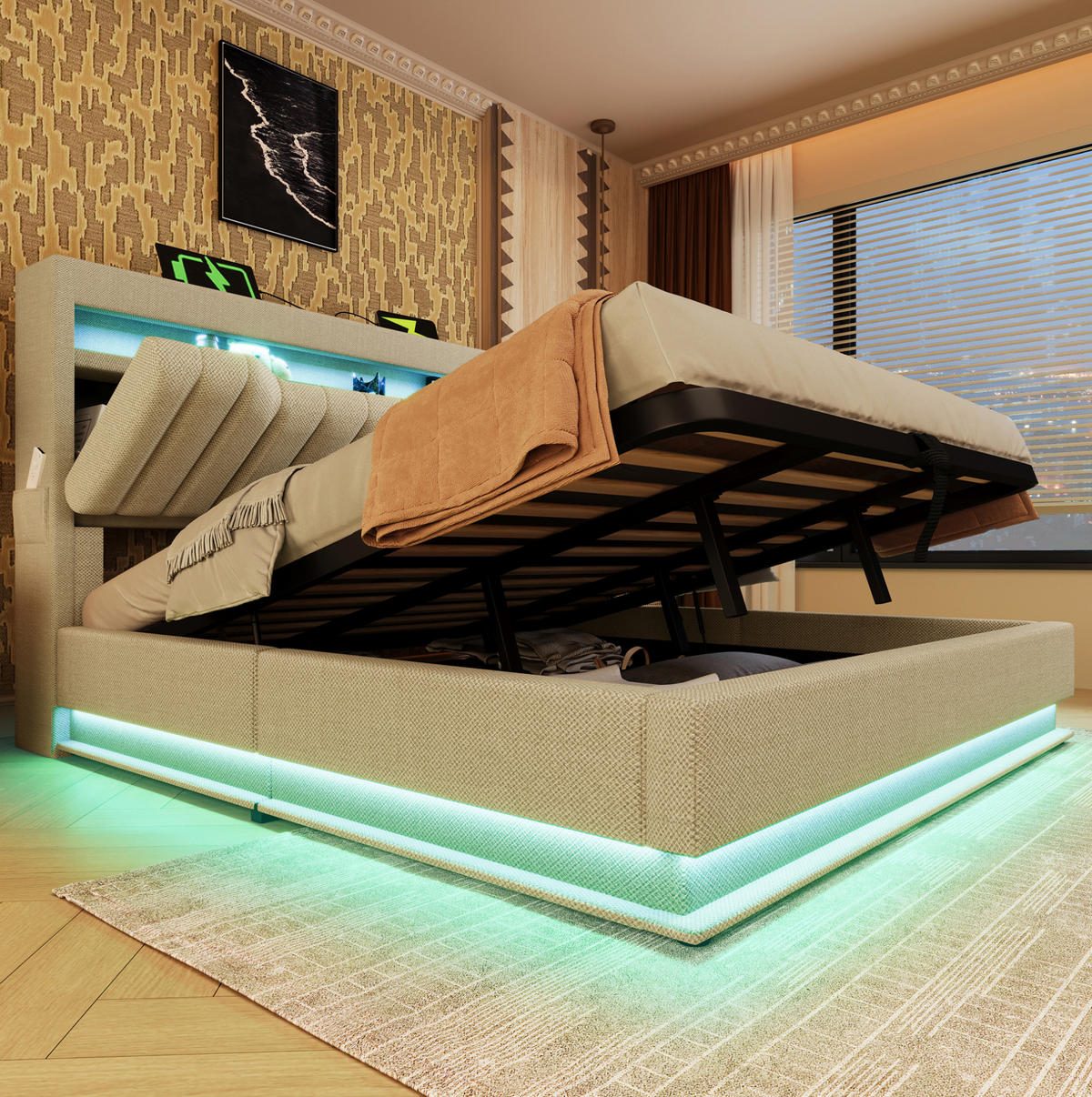 POLSTERBETT 160/200 cm Beige aus Leinen mit Stauraum und LED-Beleuchtung mit Matratze - Beige, Textil (160/200cm) - OKWISH