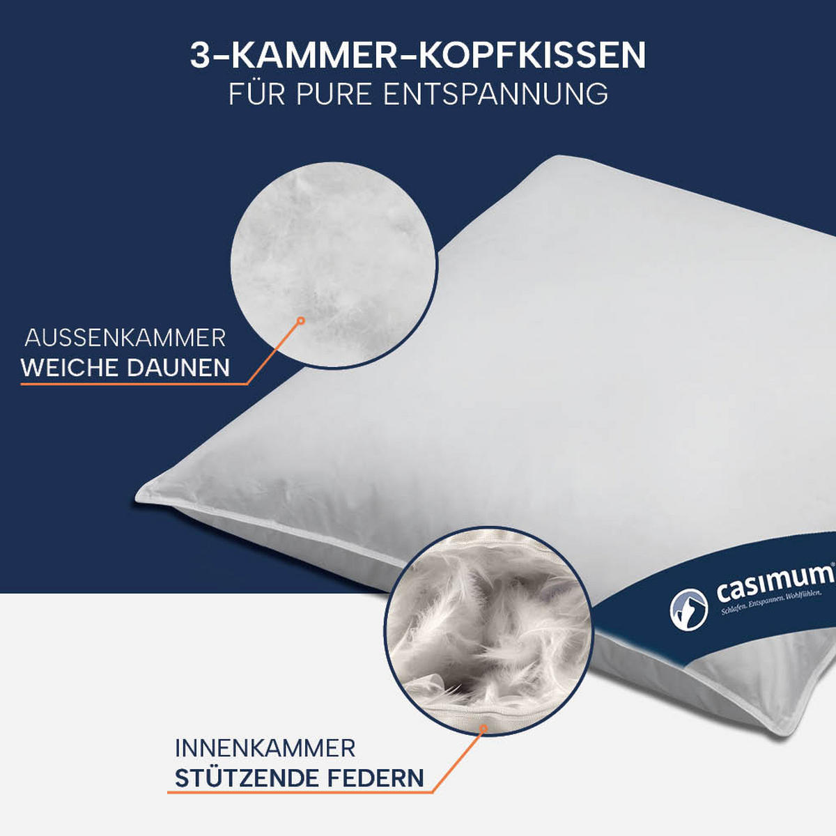 KOPFKISSEN 40x80 cm weich & stützend, 3-Kammer Daunenkissen 60% Daunen (Außen) - Weiß, Textil (40/80cm) - casimum