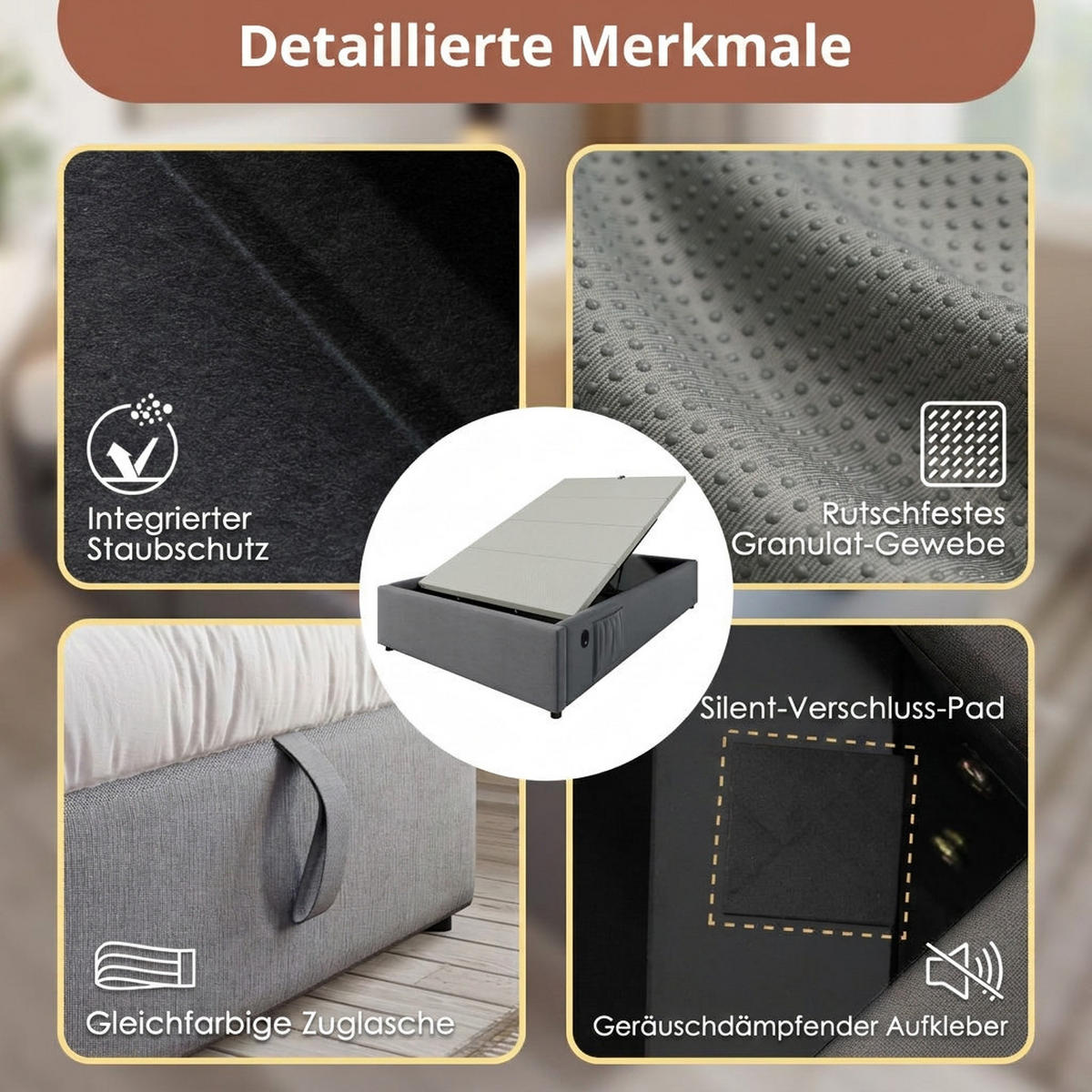 POLSTERBETT 90/200 cm Grau mit USB- C, Ohne Kopfteil - Grau, Textil (90/200cm) - Oxeza