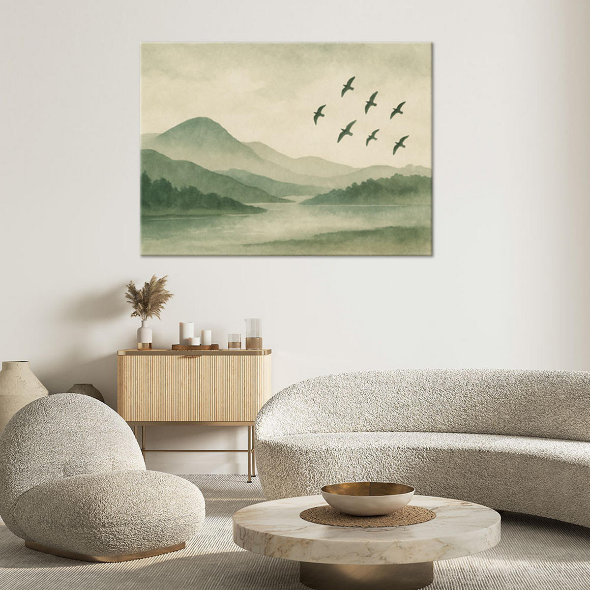 LEINWANDBILD Berge Fluss Vögel Aquarell Grün Nebel 100x70cm - Grün, Textil (100/70cm) - Feeby