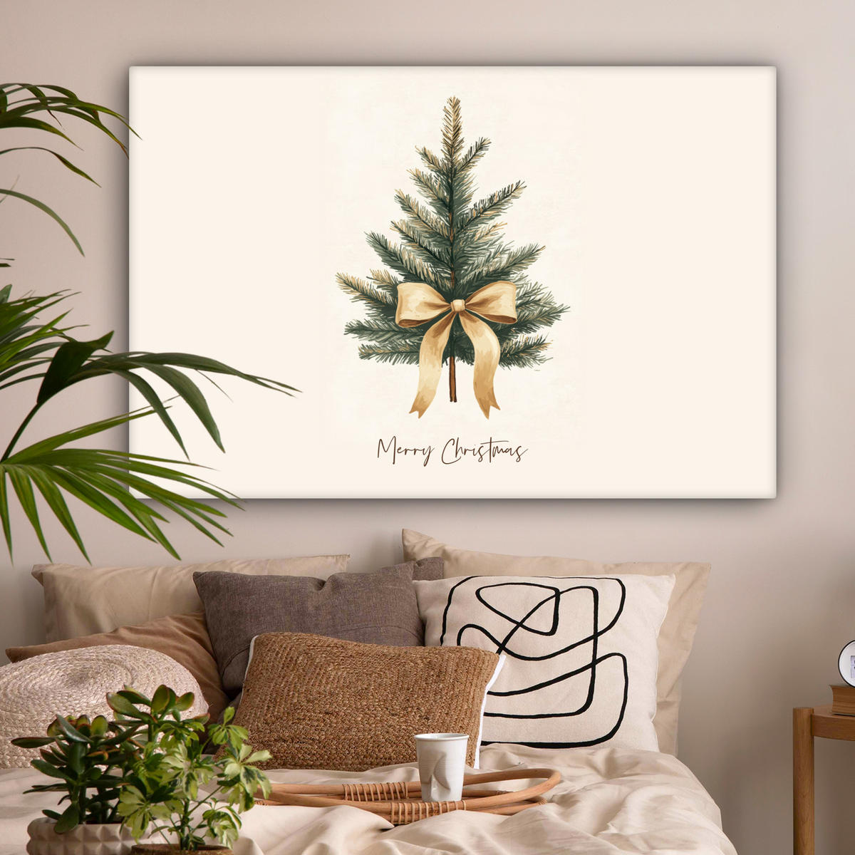 LEINWANDBILD Weihnachtsbaum - Weihnachten - Frohe Weihnachten - Beige Wohnzimmer Groß 120x80 cm - Sandfarben, Textil (120/80cm) - MuchoWow