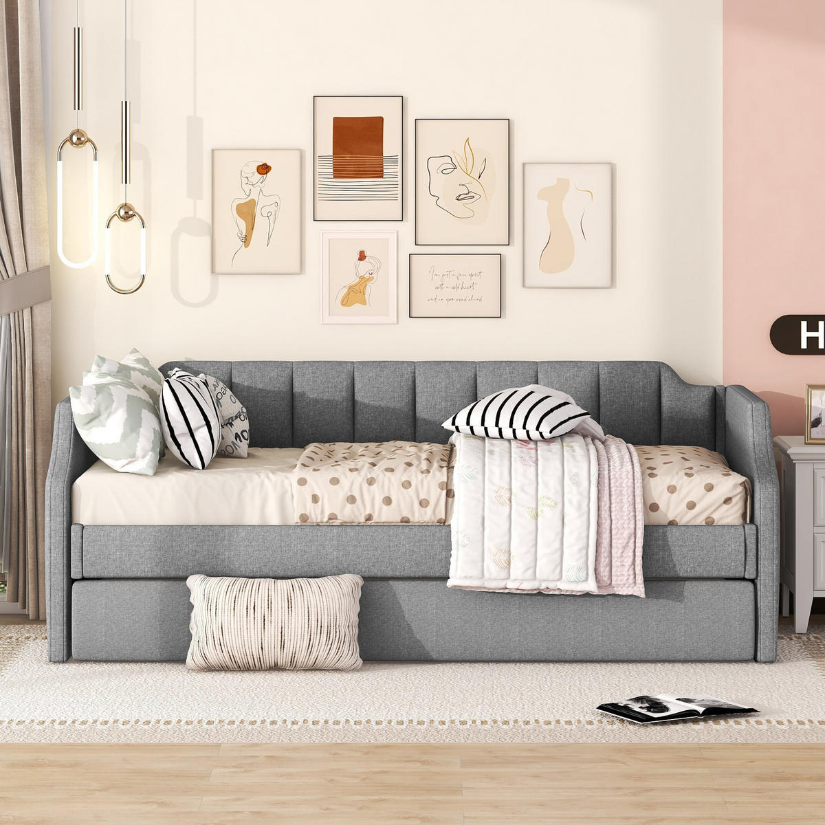 TAGESBETT 90/200 cm Grau Gepolstertes Einzelbett mit Rollbett - Grau, Textil (90/200cm) - OKWISH