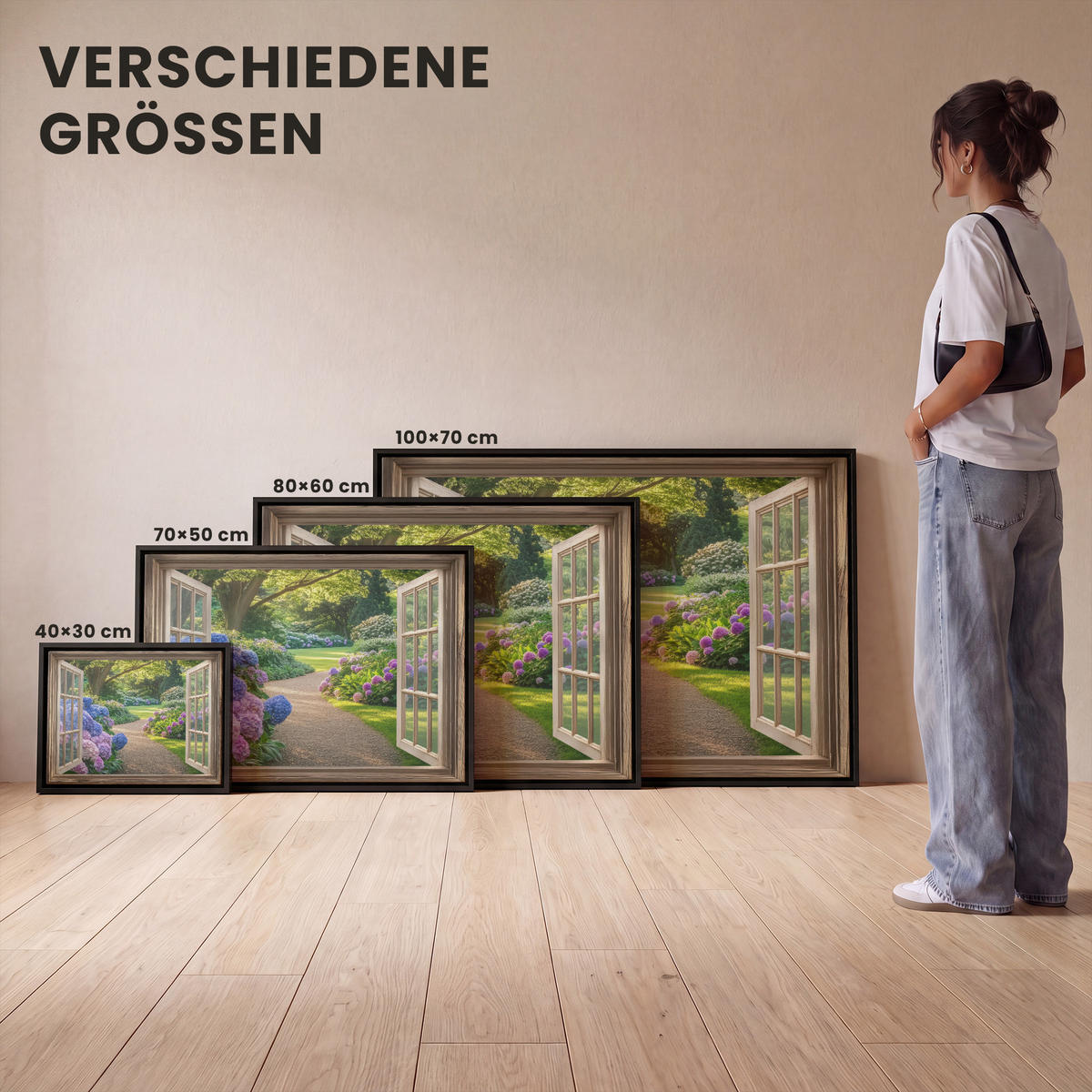 LEINWAND Bilder mit Rahmen - Aussicht - Garten - Fenster - Hortensie - Blumen - 100x70 - Pastellblau, Textil (100/70cm) - MuchoWow