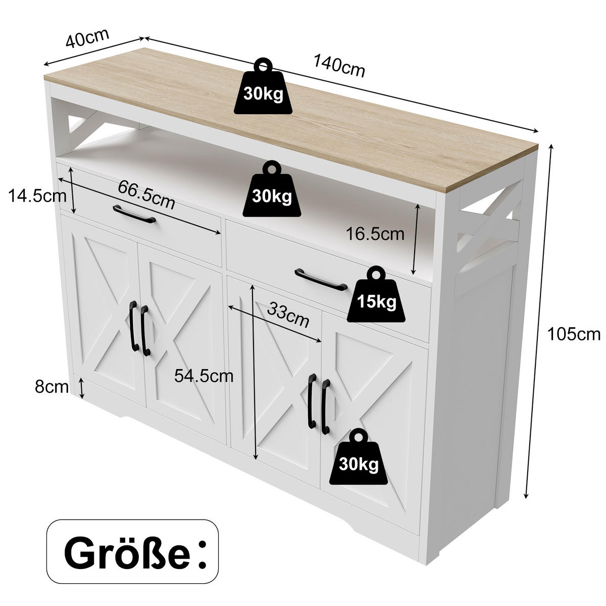 SIDEBOARD MDF, 2 Schubladen, 2 Türen, Stauraum, modern, Holzoptik - Weiß, Holz (140/105/40cm) - EuroLiving