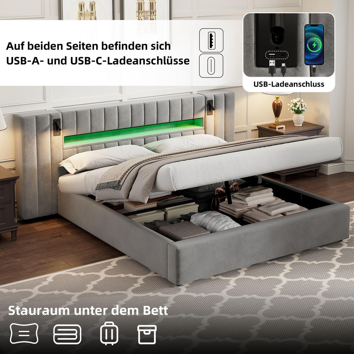 POLSTERBETT 180 x 200cm mit USB-Anschluss in grau Samt - Grau, Holz/Textil (180/200cm) - KOMHTOM