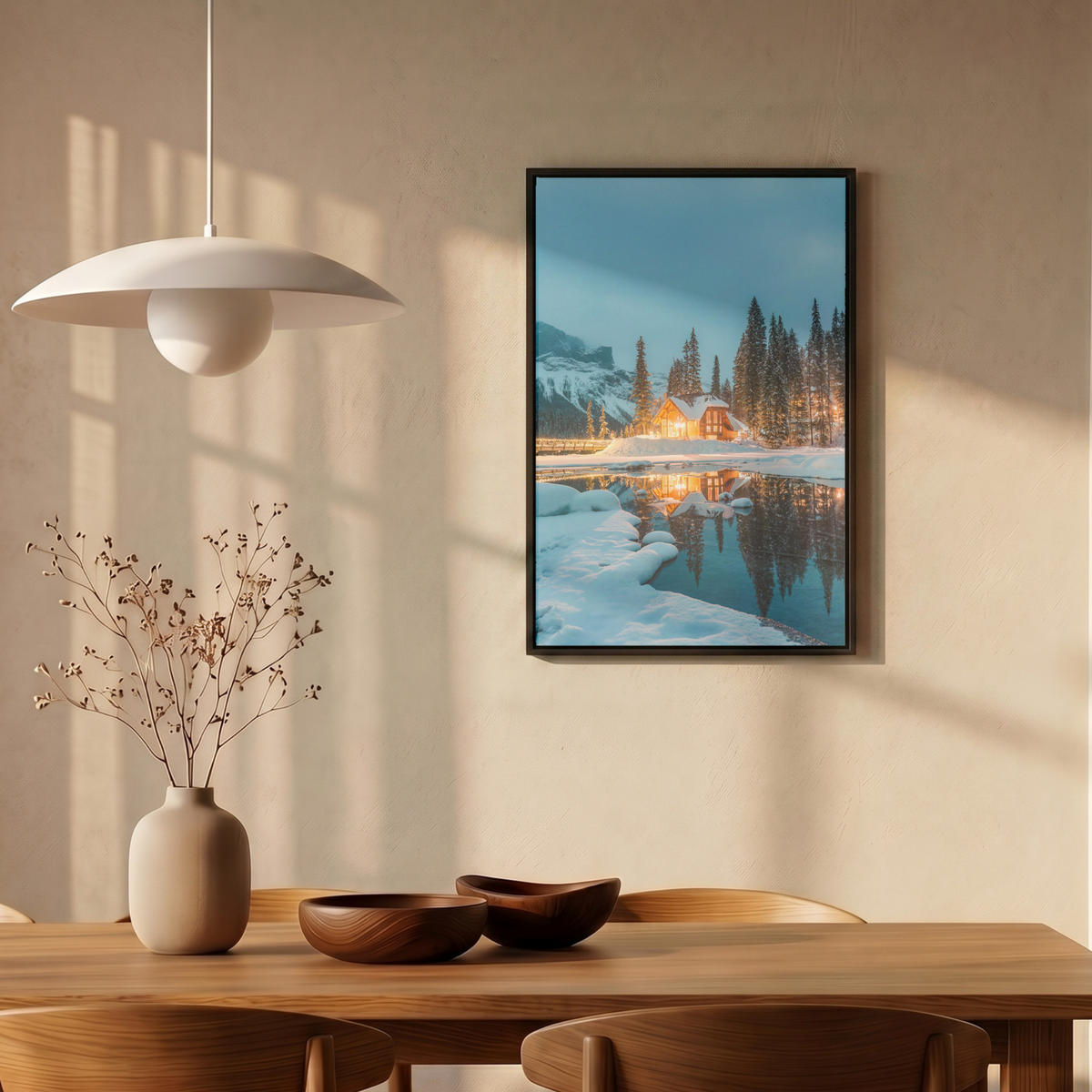 LEINWAND Bilder mit Rahmen - Winterlandschaft - Natur - Haus - Berge - Schnee - 40x60 - Hellblau, Textil (40/60cm) - MuchoWow