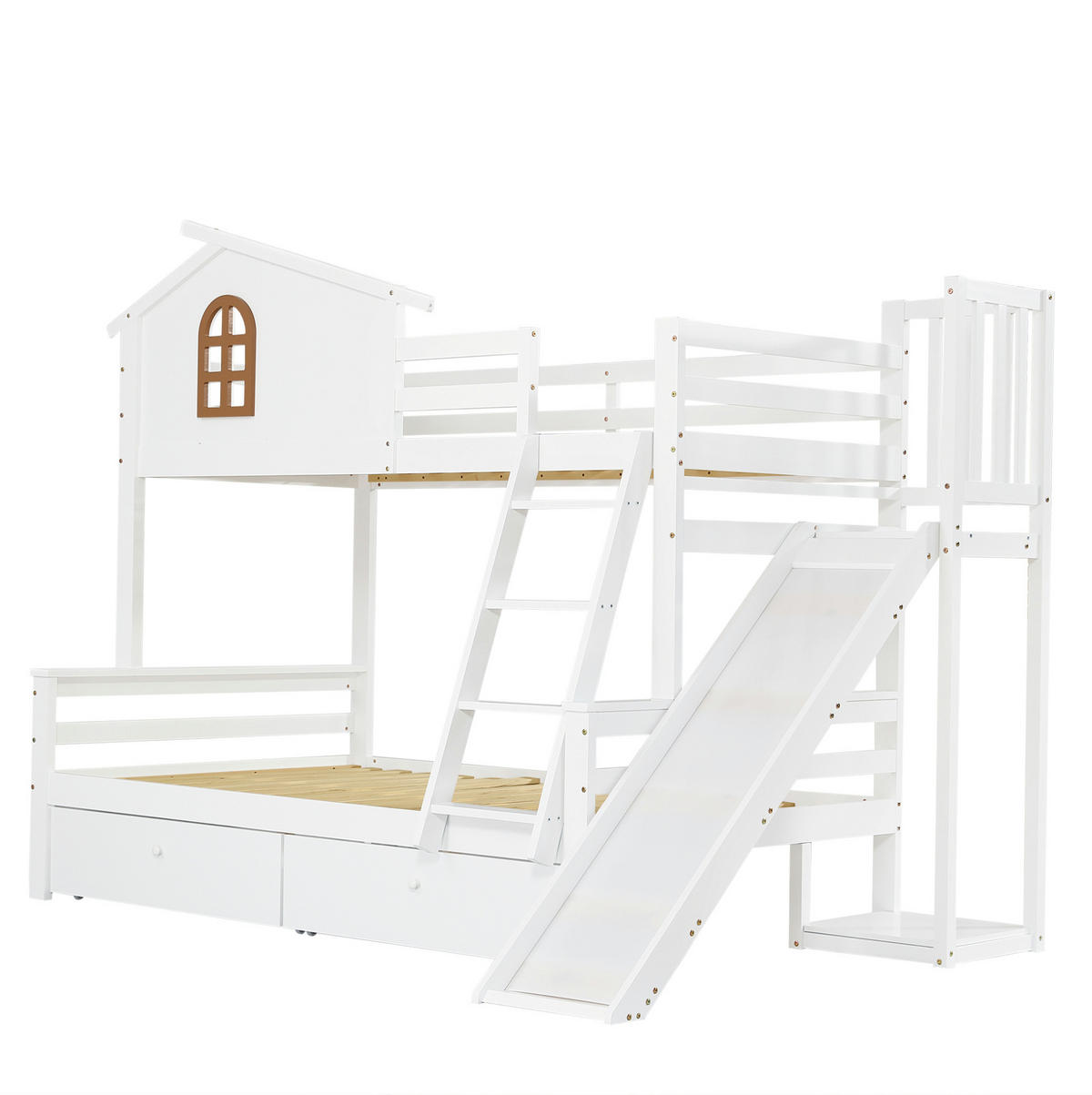 ETAGENBETT 90/200 & 120/200 cm mit Rutsche, Fenster, 2 Schubladen und Kiefer/MDF-Gestell, Weiß - Weiß, Holz (90/200cm) - Redom