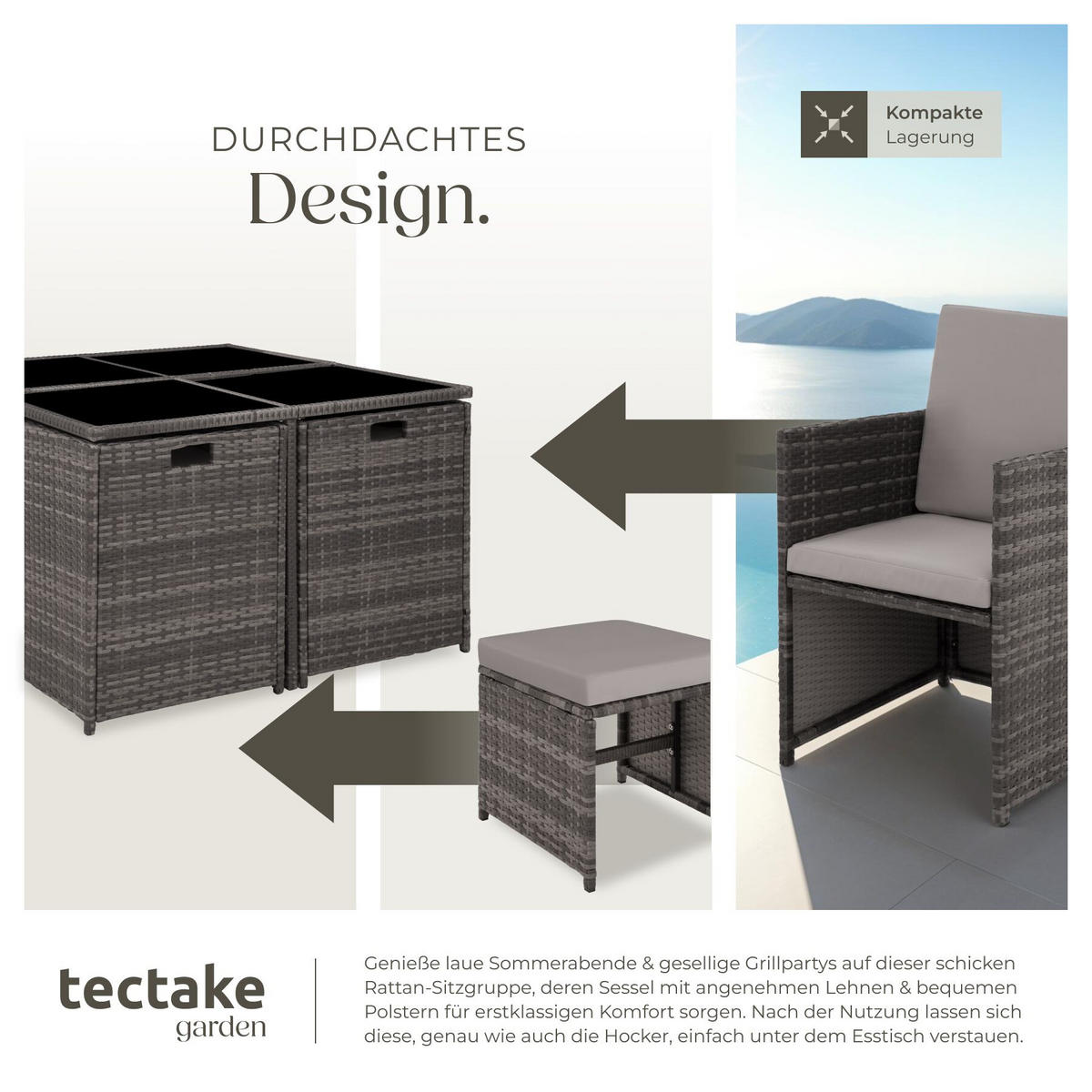 RATTAN SITZGRUPPE Bilbao, zusammenschiebbar, inklusive Schutzhülle, grau - Grau, Kunststoff - tectake