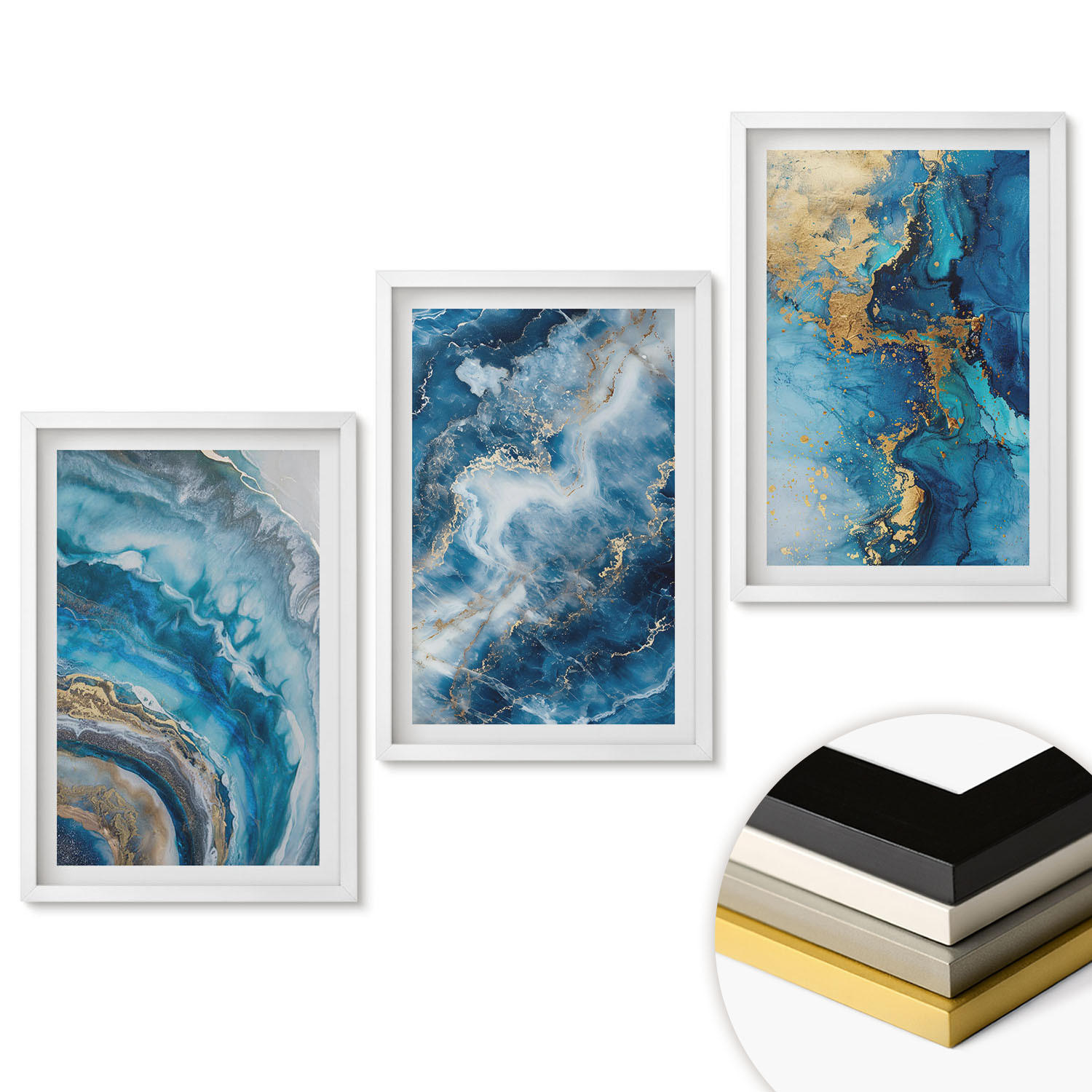 WANDBILDER 3er-Set - 40x60 cm Weißer Rahmen - Blaue abstrakte Muster - Weiß, Kunststoff (40/60cm) - ArtPrintCave