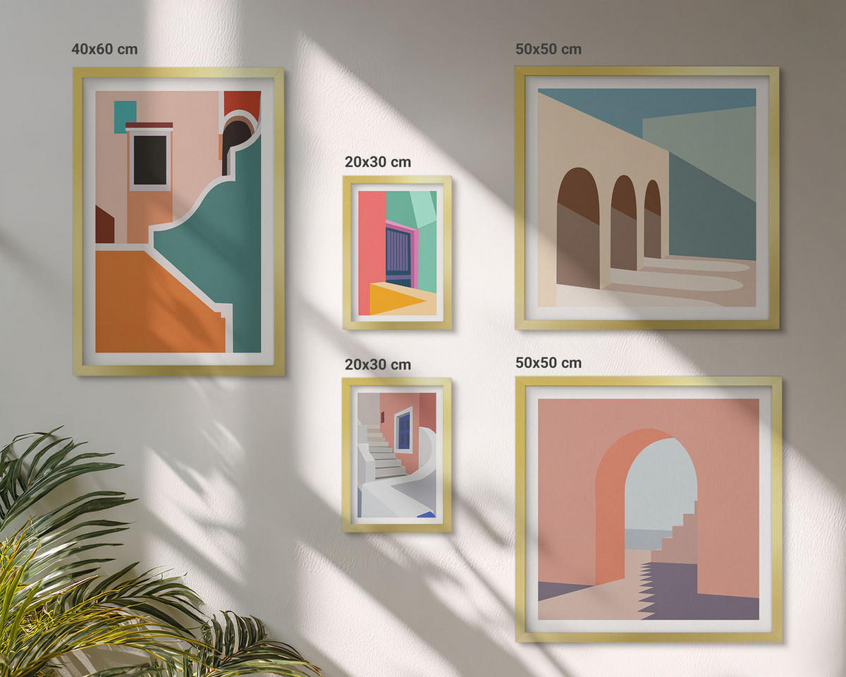 BILDER SET 5er Set - 50x50 cm & 20x30 cm & 40x60 cm Goldrahmen - Farbenfrohe moderne Gebäude - Goldfarben, Kunststoff (40/60cm) - TULUP