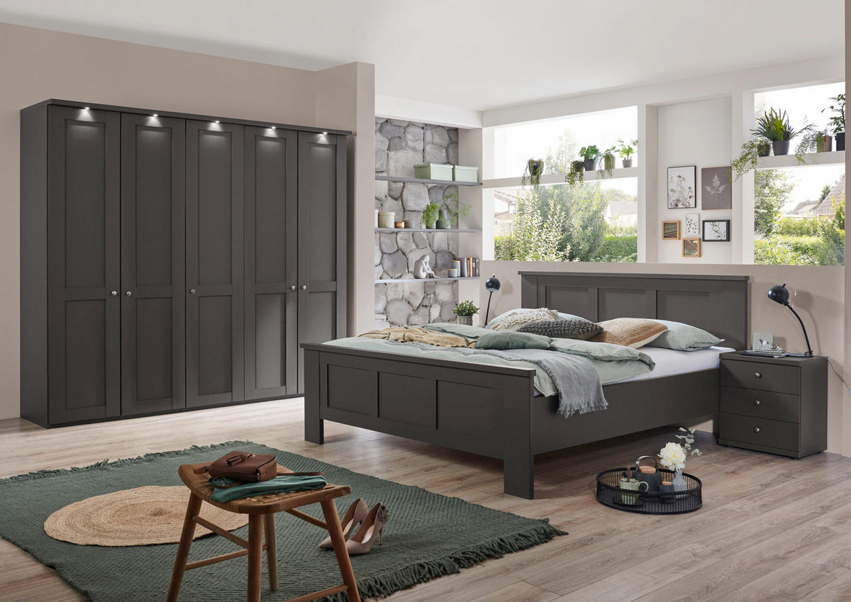 SCHLAFZIMMER Greenholm in Graphit 4 teilig mit Kleiderschrank 250cm Breite ohne Spiegel, Doppelbett 180x200cm, zwei Nachttisch - Grau, Holzwerkstoff (80/200/120cm)