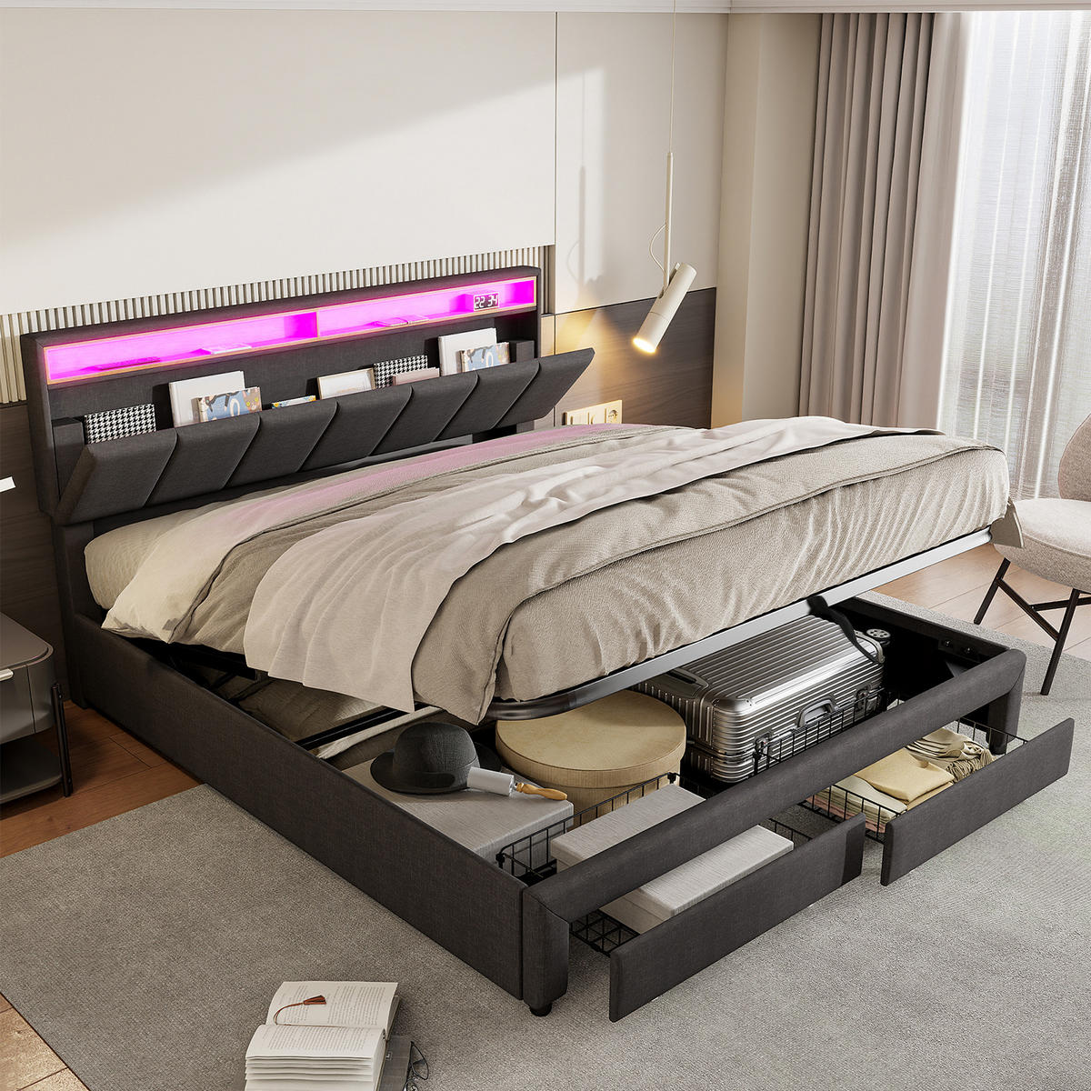 POLSTERBETT Grau 180x200 cm LED - Grau, Metall - SHOPENTRA
