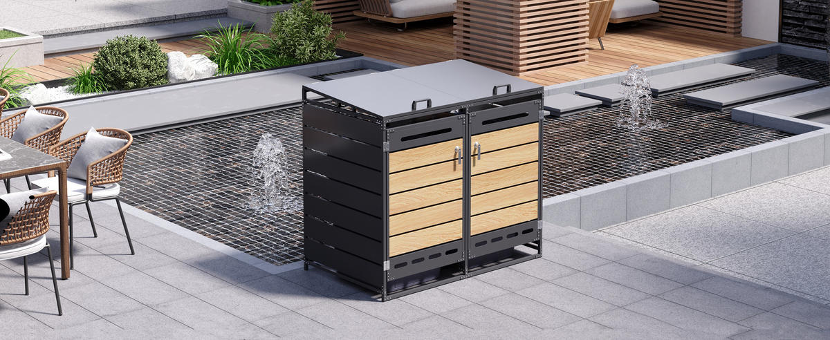 MÜLLTONNENBOX Hydraulik Deckel Holzoptik horizontal Schloss - Schwarz, Metall (131/116/79cm) - LEBENLANG