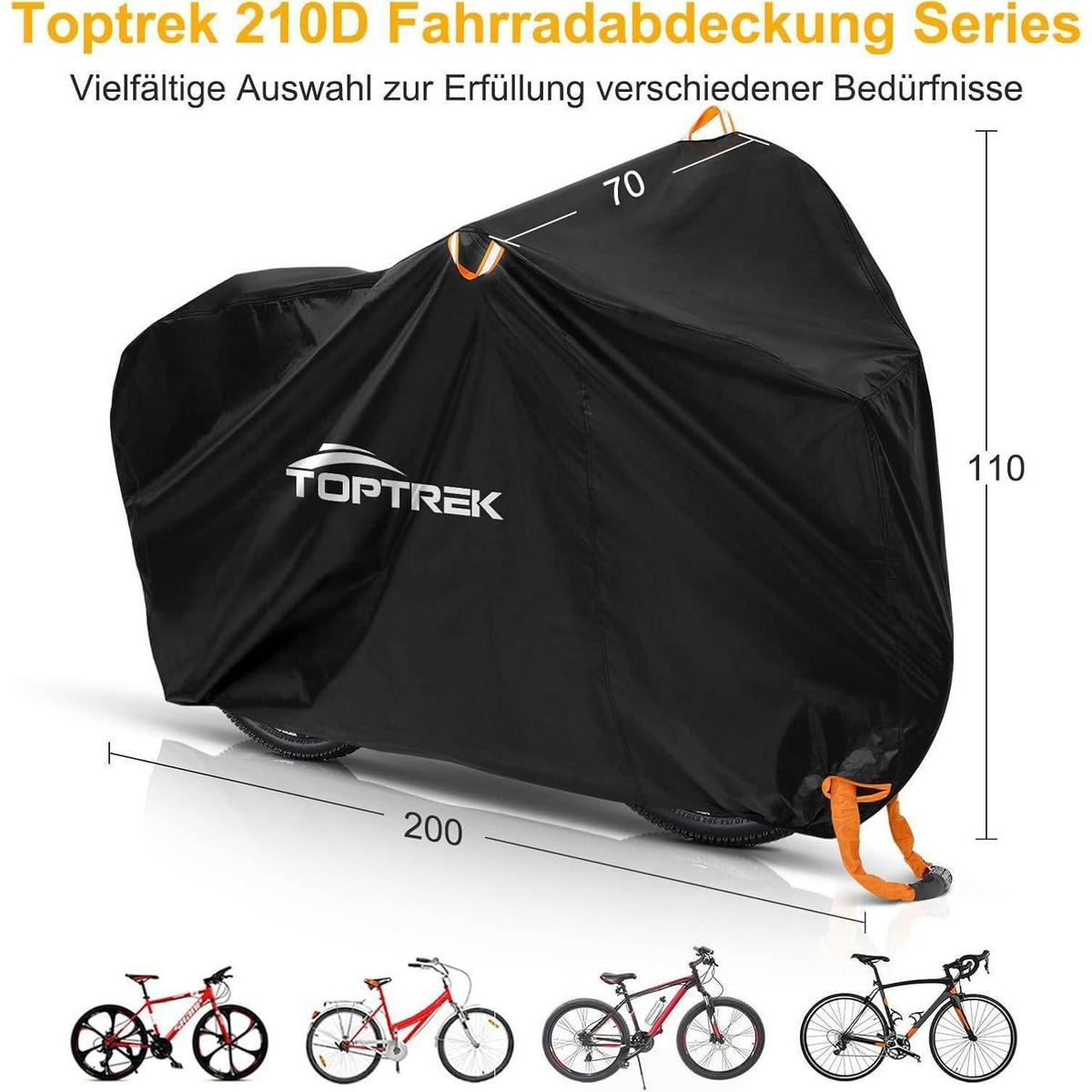 FAHRRADABDECKUNG 200 x 110 x 70 cm Wasserdicht 210D Oxford-Gewebe - Schwarz, Textil (110/70/200cm)