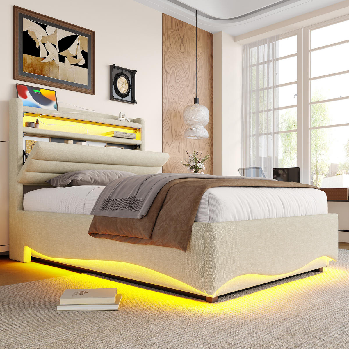 POLSTERBETT 90/200 cm mit LED-Beleuchtung, USB- und Typ-C-Anschluss, hydraulischem Bettkasten und Ablagefach, Beige - Beige, Textil (90/200cm) - Redom