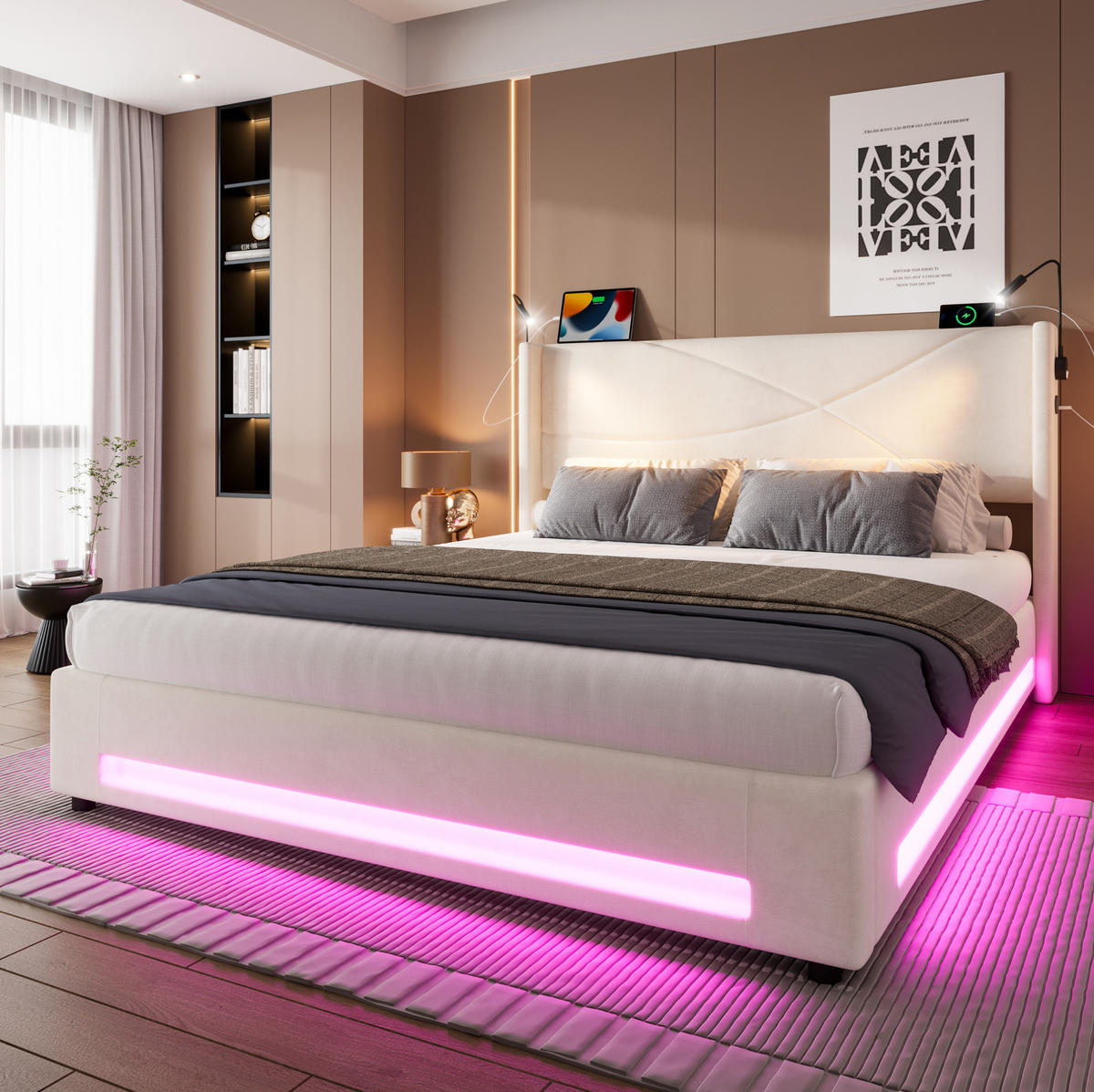 POLSTERBETT 140/200 cm mit LED-Beleuchtung, 2 Leselampen, USB-Anschlüssen und hydraulischem Stauraum, Beige - Beige, Textil (140/200cm) - Redom