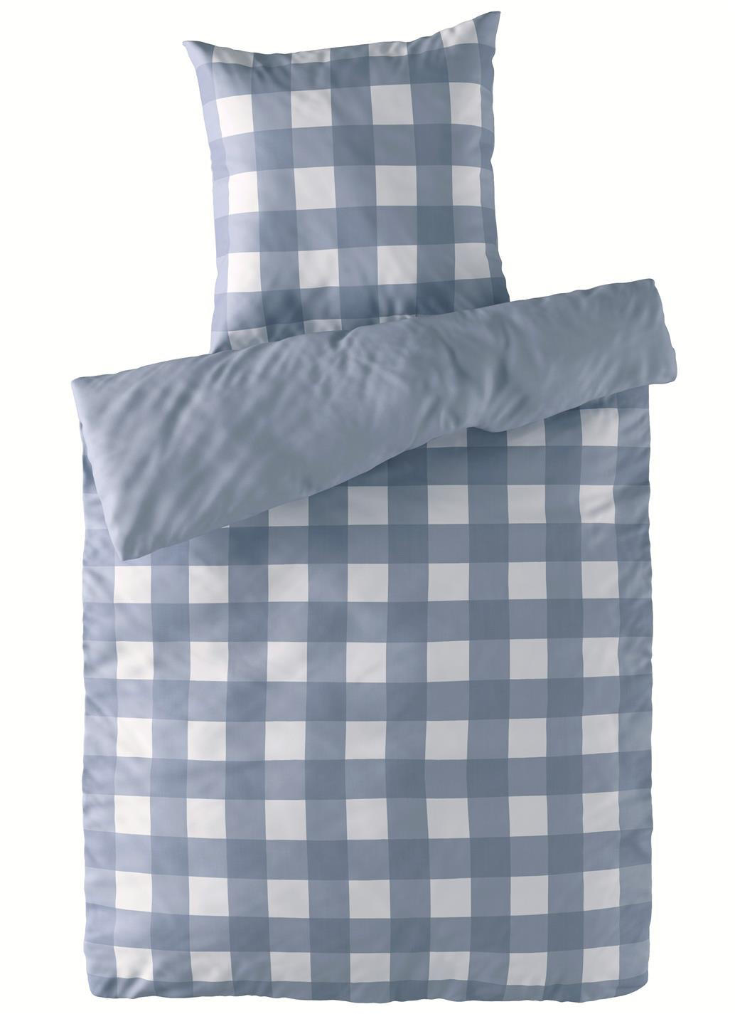WENDE-BETTWÄSCHE Mako Perkal 240x220 cm aus 100% Baumwolle mit Reißverschluss, 3 teilig Bettbezug kariert uni 240 x 220 - Blau - Blau, Textil (240/220cm) - Carpe Sonno