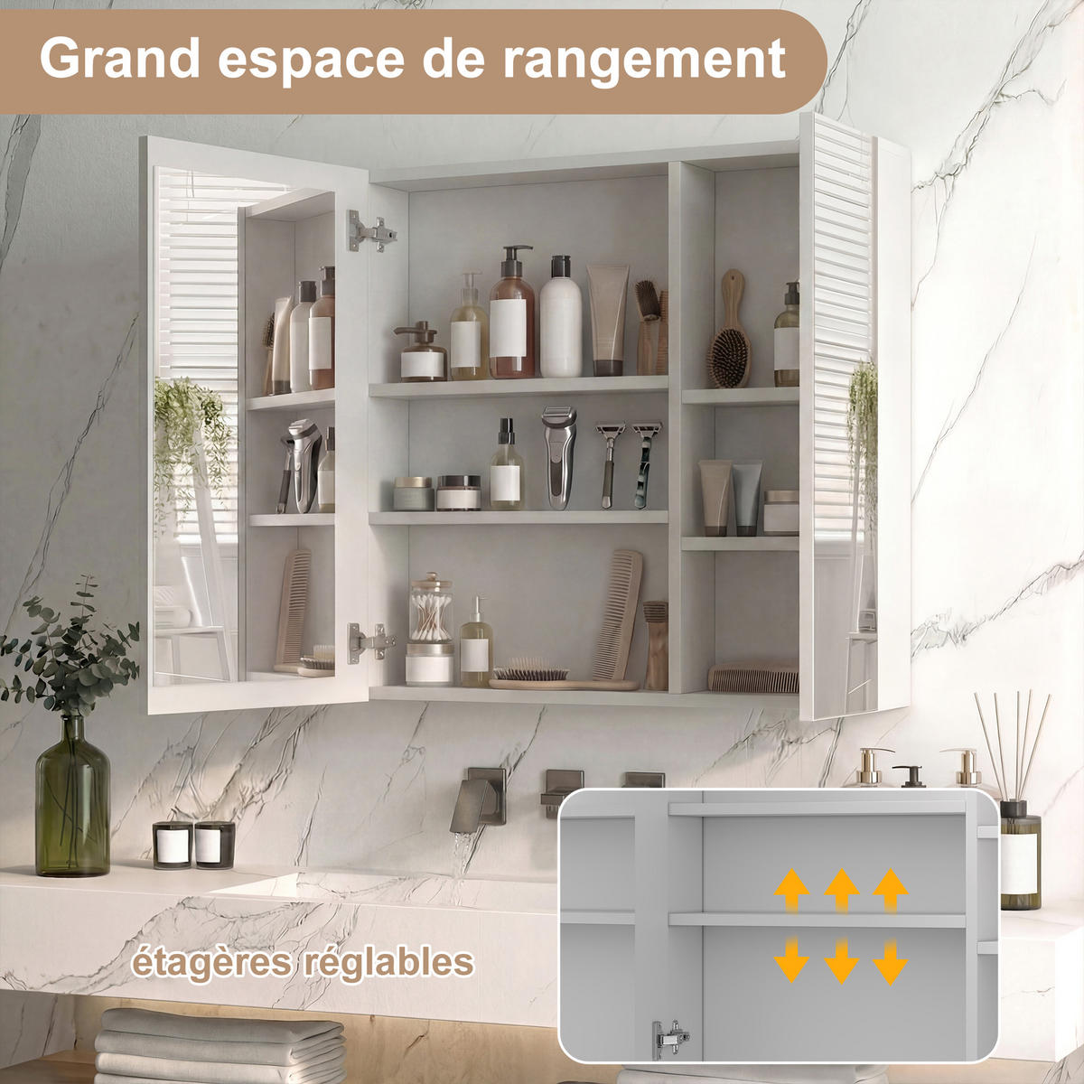 SPIEGELSCHRANK Weiß 70x60cm mit 3 Lichtfarben & Antibeschlag - Weiß, Glas (70/60/13.5cm) - SHOPENTRA