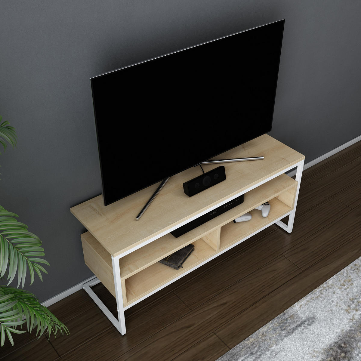 TV-ELEMENT Merrion Weiß und Eiche Safir - Eichefarben/Weiß, Holzwerkstoff (111/51/35cm) - Decorotika