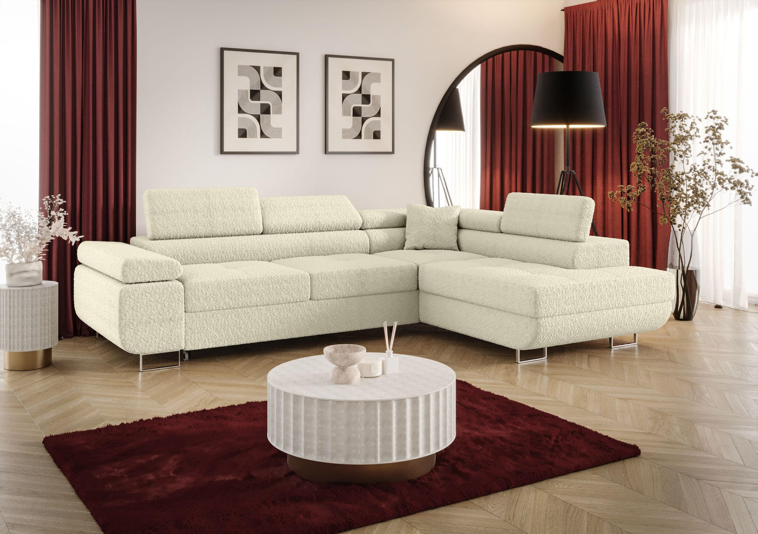 ECKSOFA EMILY mit Schlaffunktion Quelle 02 Rechts - Ecru, Textil (275/200cm) - Bedante