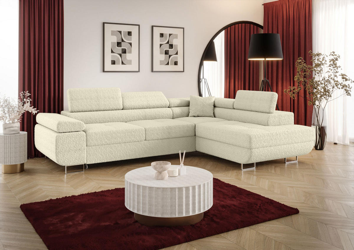 ECKSOFA EMILY mit Schlaffunktion Quelle 02 Rechts - Ecru, Textil (275/200cm) - Bedante