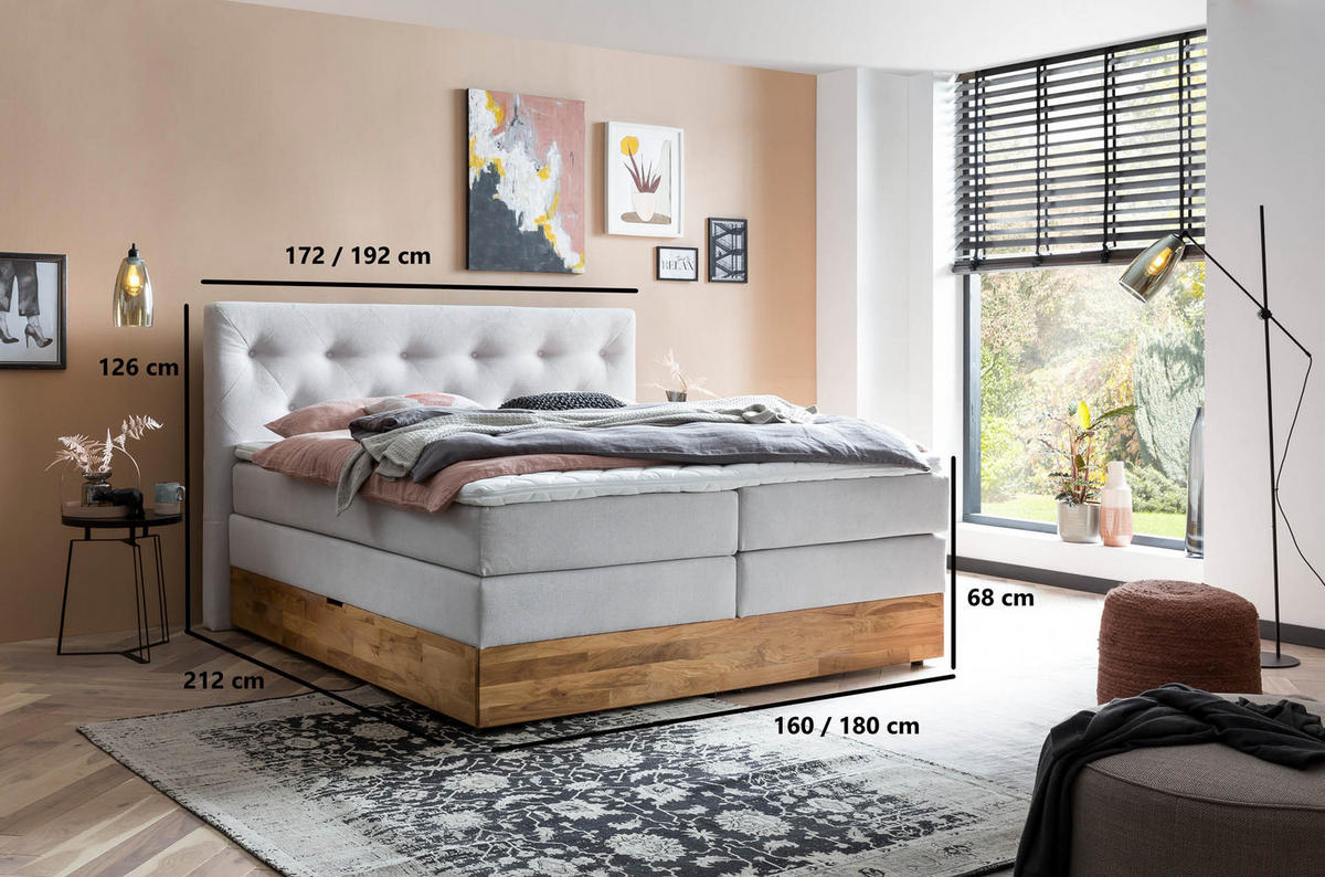 BOXSPRINGBETT MARBO 160x200 Weissgrau H2 und H3 mit Bettkasten 7-Zonen Taschenfederkern Matratze inkl. Visco Topper und Eiche - Weiß, Textil (160/200cm) - Belanoti