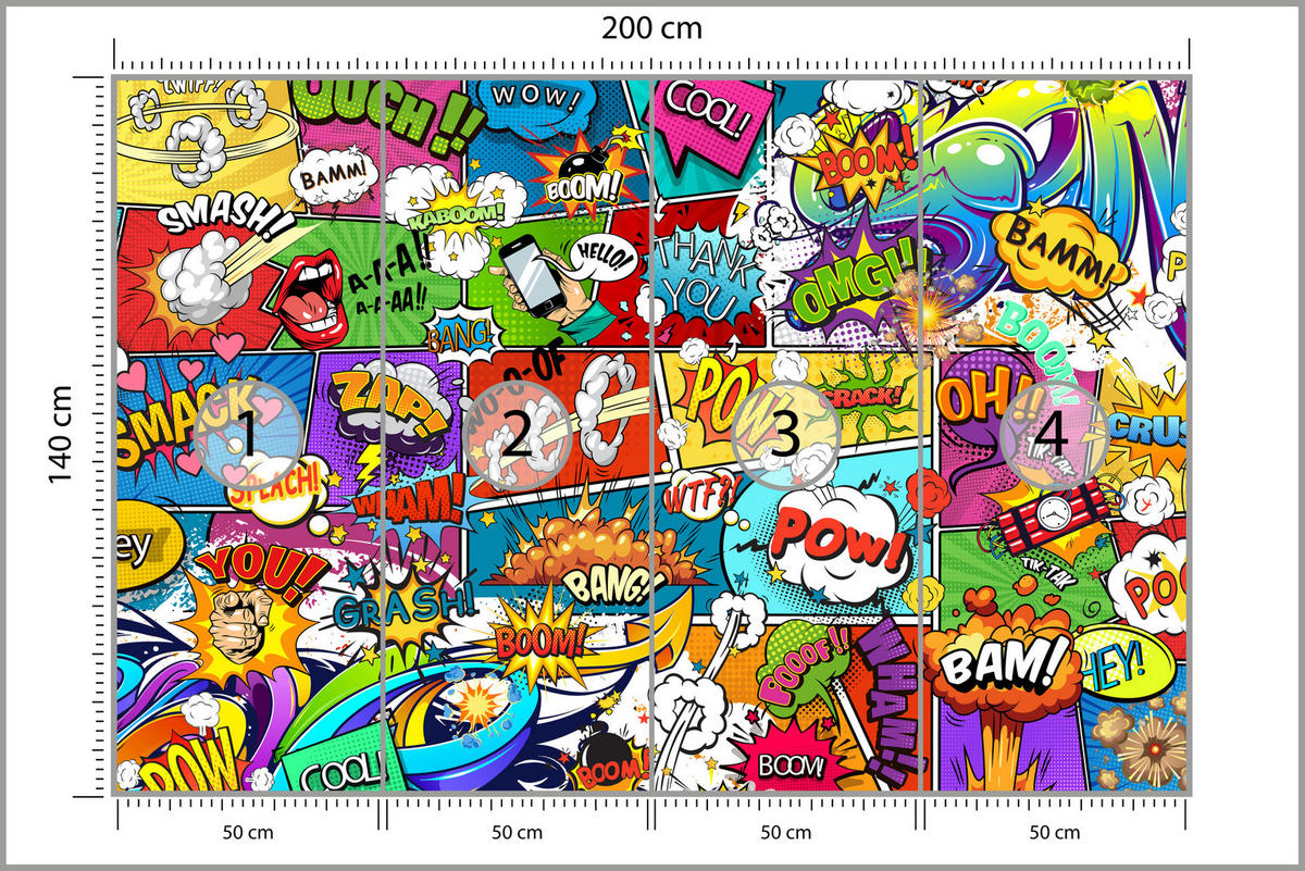 FOTOTAPETE für Jugendzimmer Comic Farbige Texte Rauch Lippen 200x140 - Blau/Beige, Papier (200/140cm) - Muralo