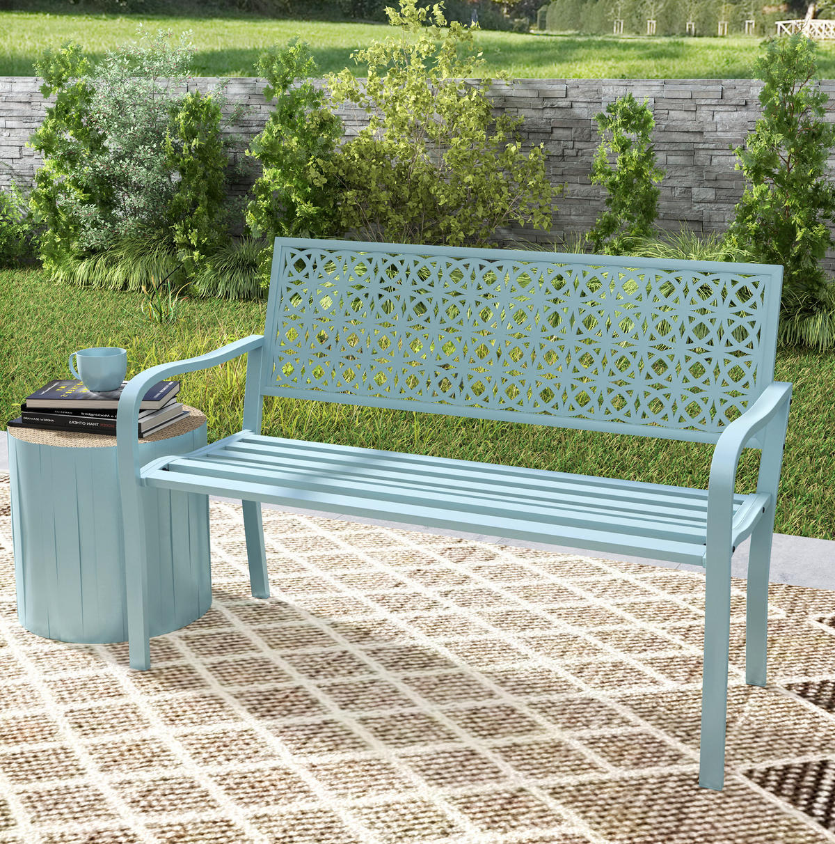 ZAHRADNÍ lavička z oceli 127x63x85 cm modrá s opěradlem a područkami, odolná vůči počasí, pro 2 osoby - modrá, kov (127/83/63cm) - Modfu