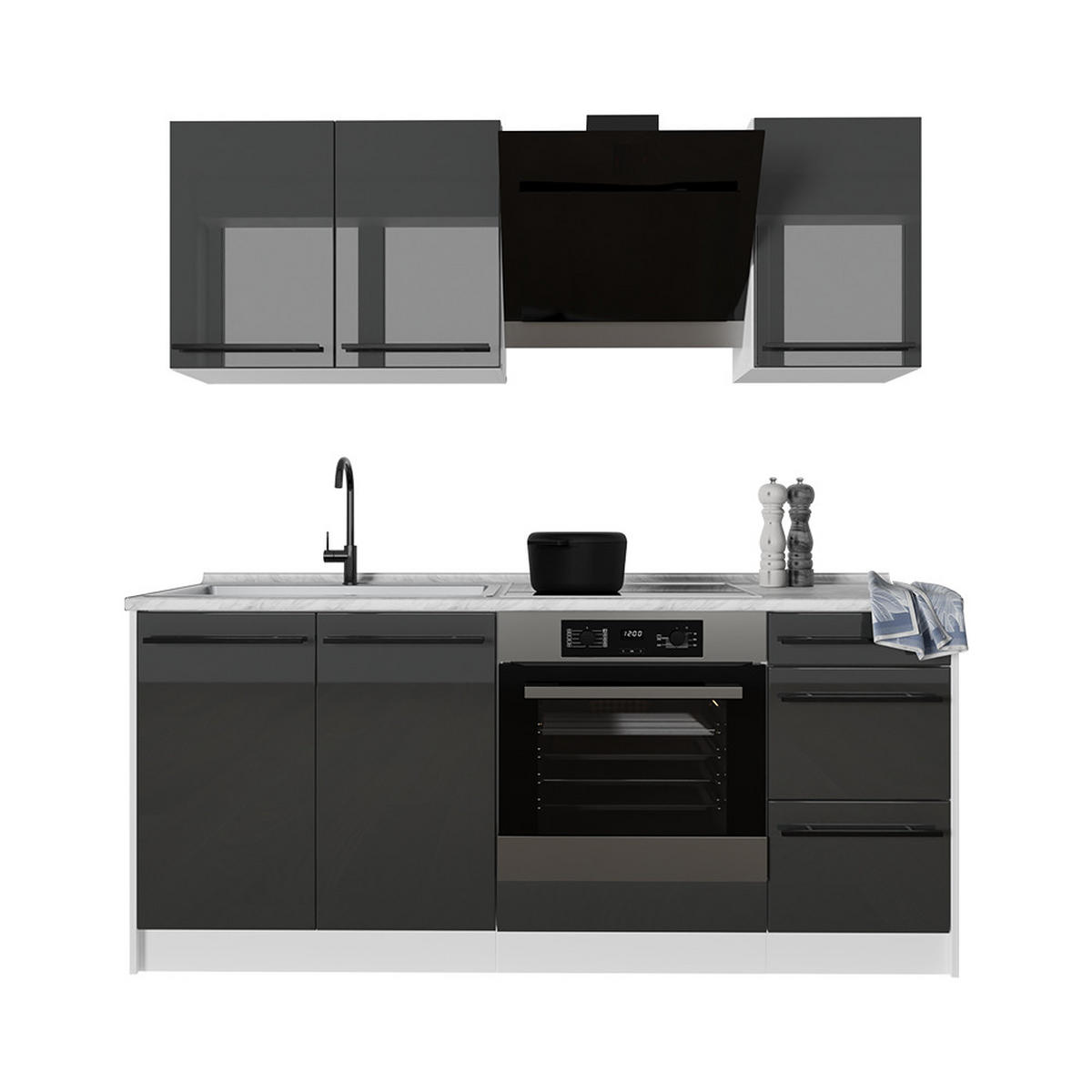SINGLEKÜCHE R-Line, Anthrazit Hochglanz/Weiß, 180 cm Arbeitsplatte Anthrazit - Schwarz Hochglanz/Weiß, Holzwerkstoff (180/206.8/60cm) - Vicco