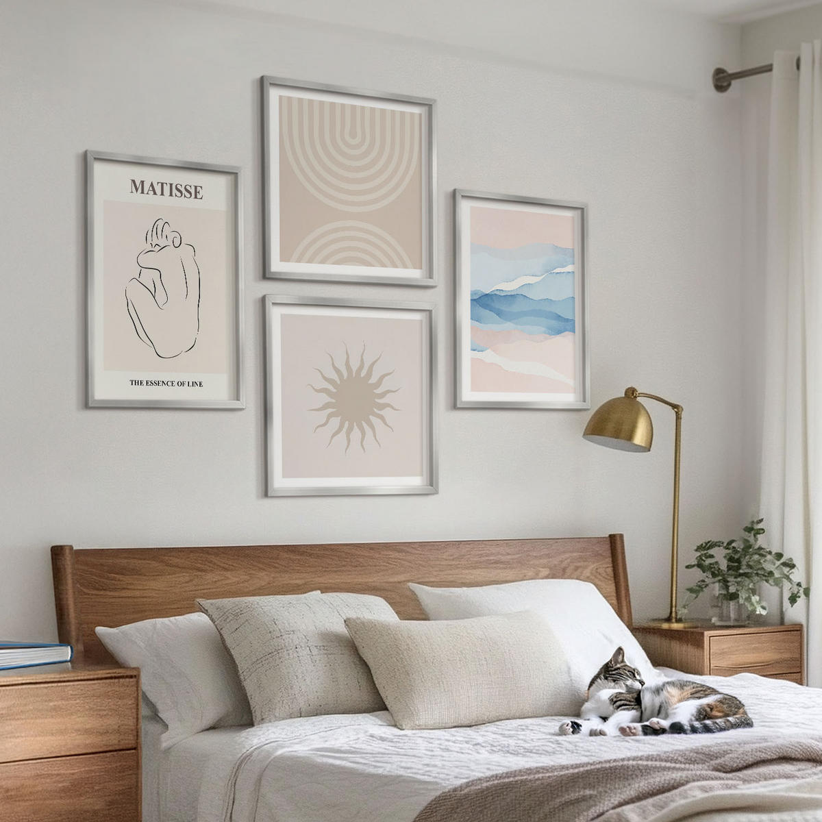 BILDER SET 4er Set - 50x50 cm & 40x60 cm Silberner Rahmen - Linien, Wellen, Pastellfarben, minimalistisch - Silberfarben, Kunststoff (50/50cm) - TULUP