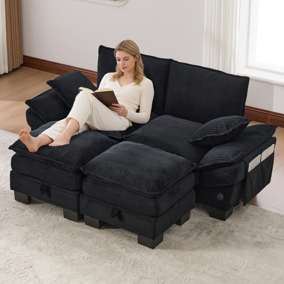 SOFA modular 190 x 132 cm Cord Black 3-tlg. - Schwarz, Kunststoff (132/84/190.1cm) - Meubliv
